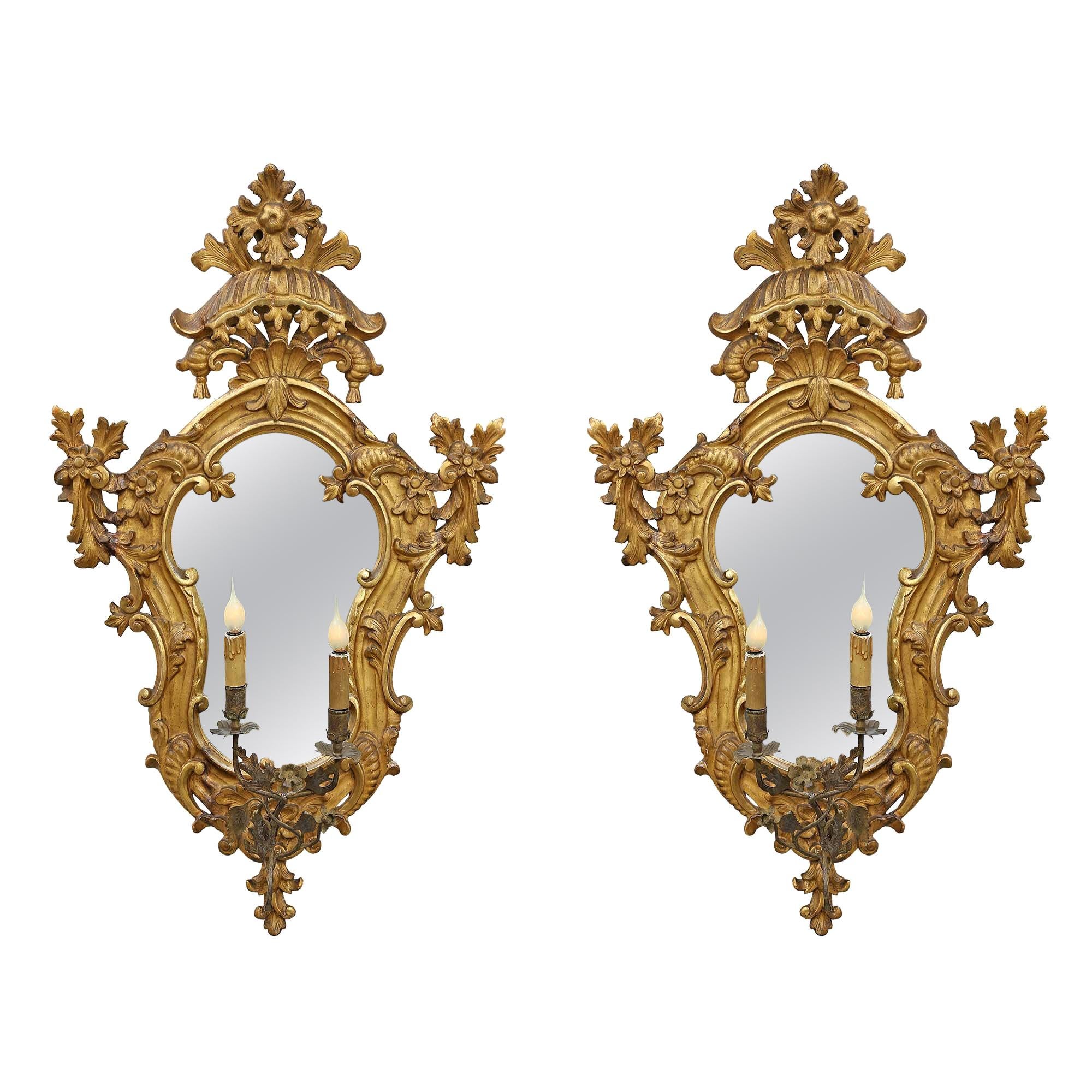 Pair of Mid-18th Century Italian Mirrored Giltwood Electrified Sconces For Sale