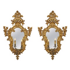 Pair of Mid-18th Century Italian Mirrored Giltwood Electrified Sconces
