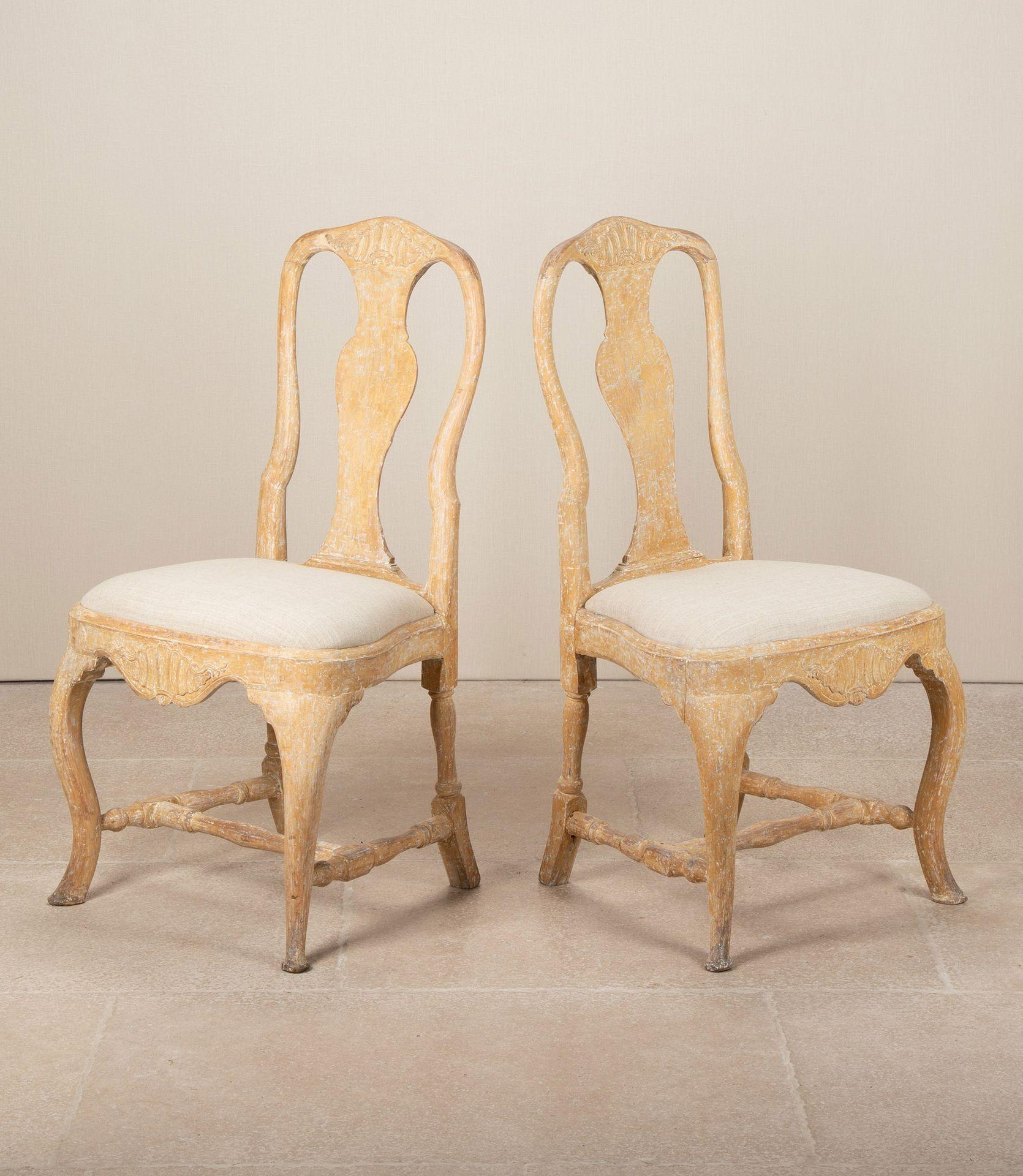 Beautiful pair of mid-18th Century Stockholm made Rococo side chairs.
Dry scraped to original paint.