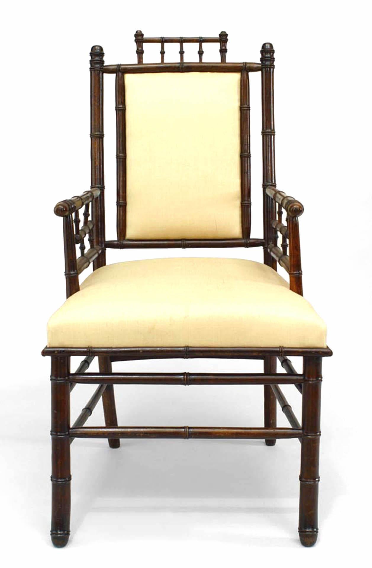Pair of French Victorian Faux Bamboo Upholstered Walnut Armchairs In Good Condition For Sale In New York, NY