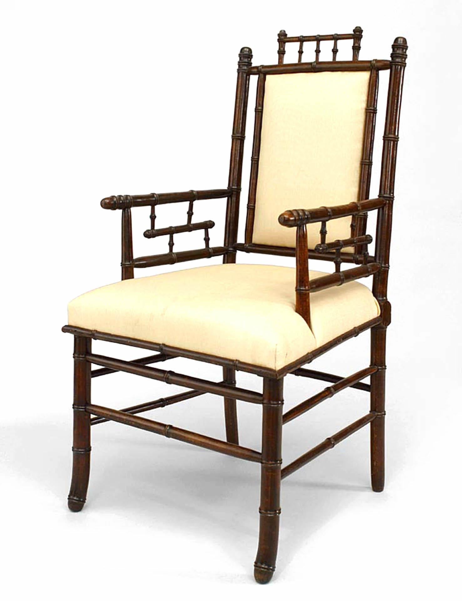 19th Century Pair of French Victorian Faux Bamboo Upholstered Walnut Armchairs For Sale