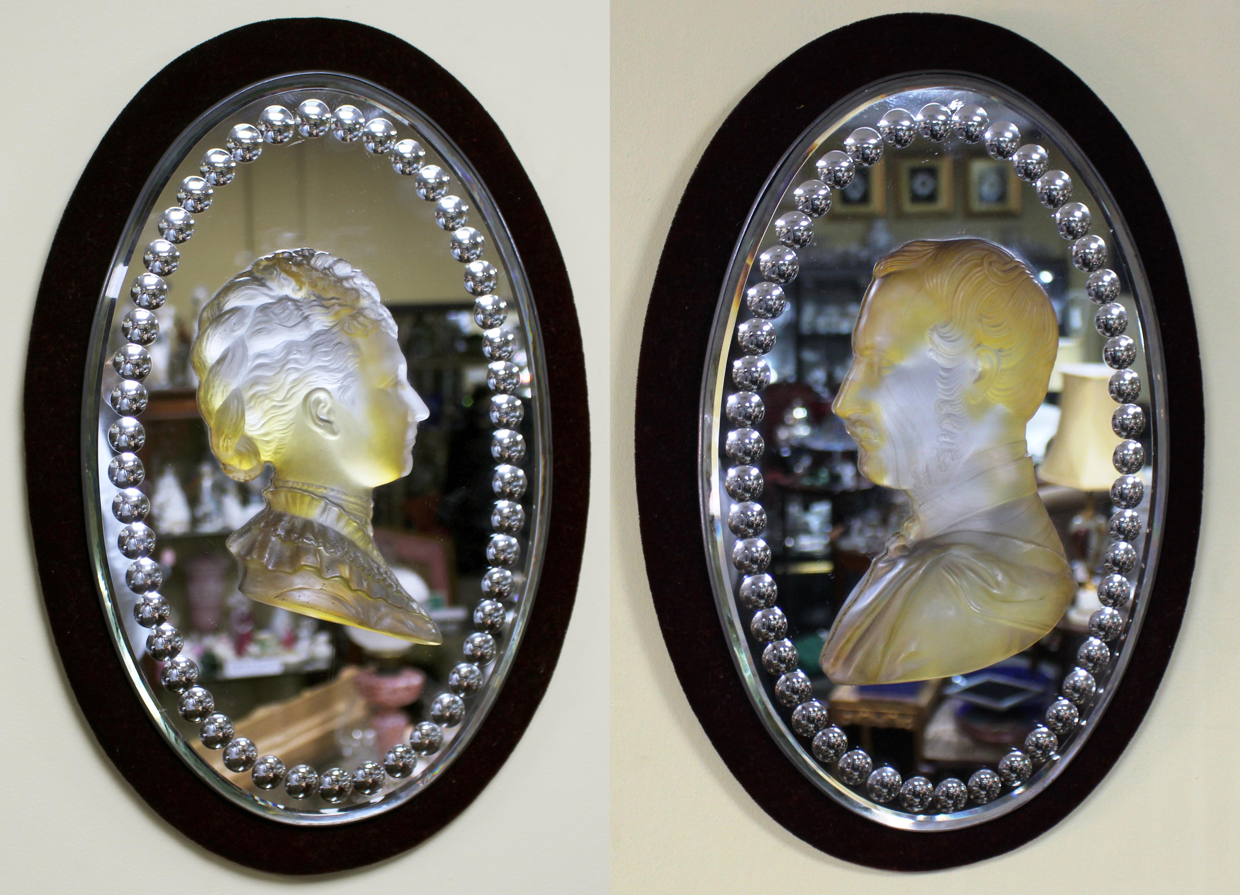 Pair of mid 19th c. Victoria & Albert carved crystal mirrored plaques


Period mid 19th c.

Size 32 x 47 cm / 12 1/2 x 18 1/2 in

Very good condition. Old glue can be seen through the carved crystal silhouettes. Fully original
 

Carved
