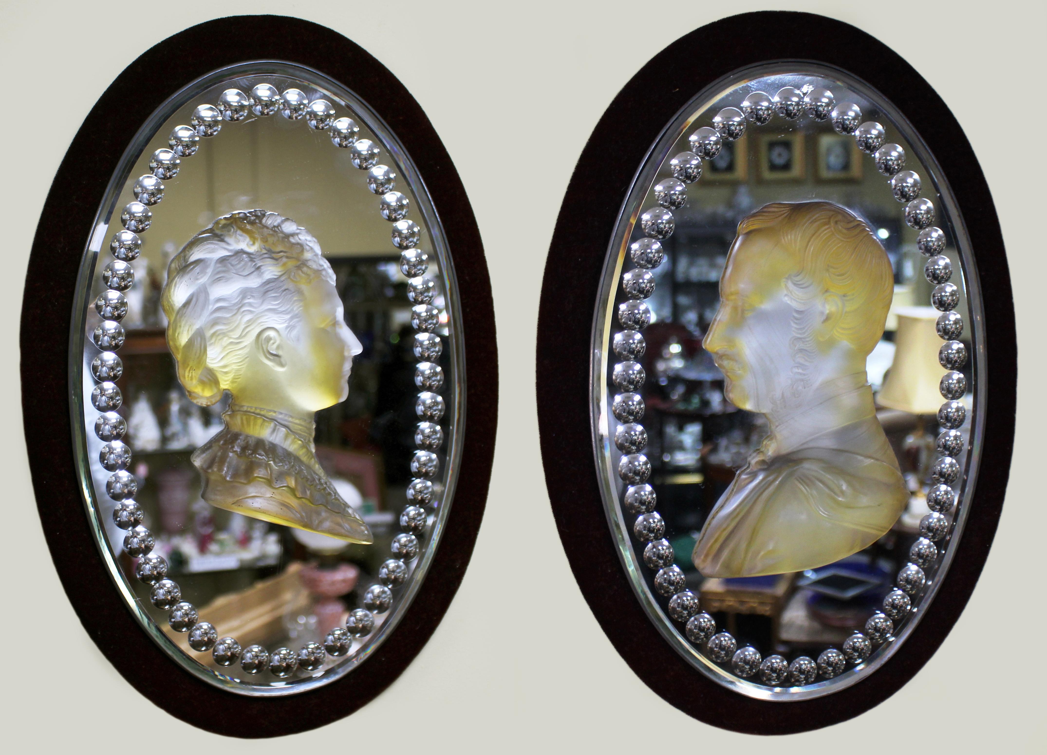 Pair of Mid-19th Century Carved Crystal Mirrored Plaques


A fine pair of Carved Crystal Mirrored Plaques, featuring intricately carved profiles of Queen Victoria and Prince Albert, each mounted on scarlet velvet with mirrored backs. These pieces