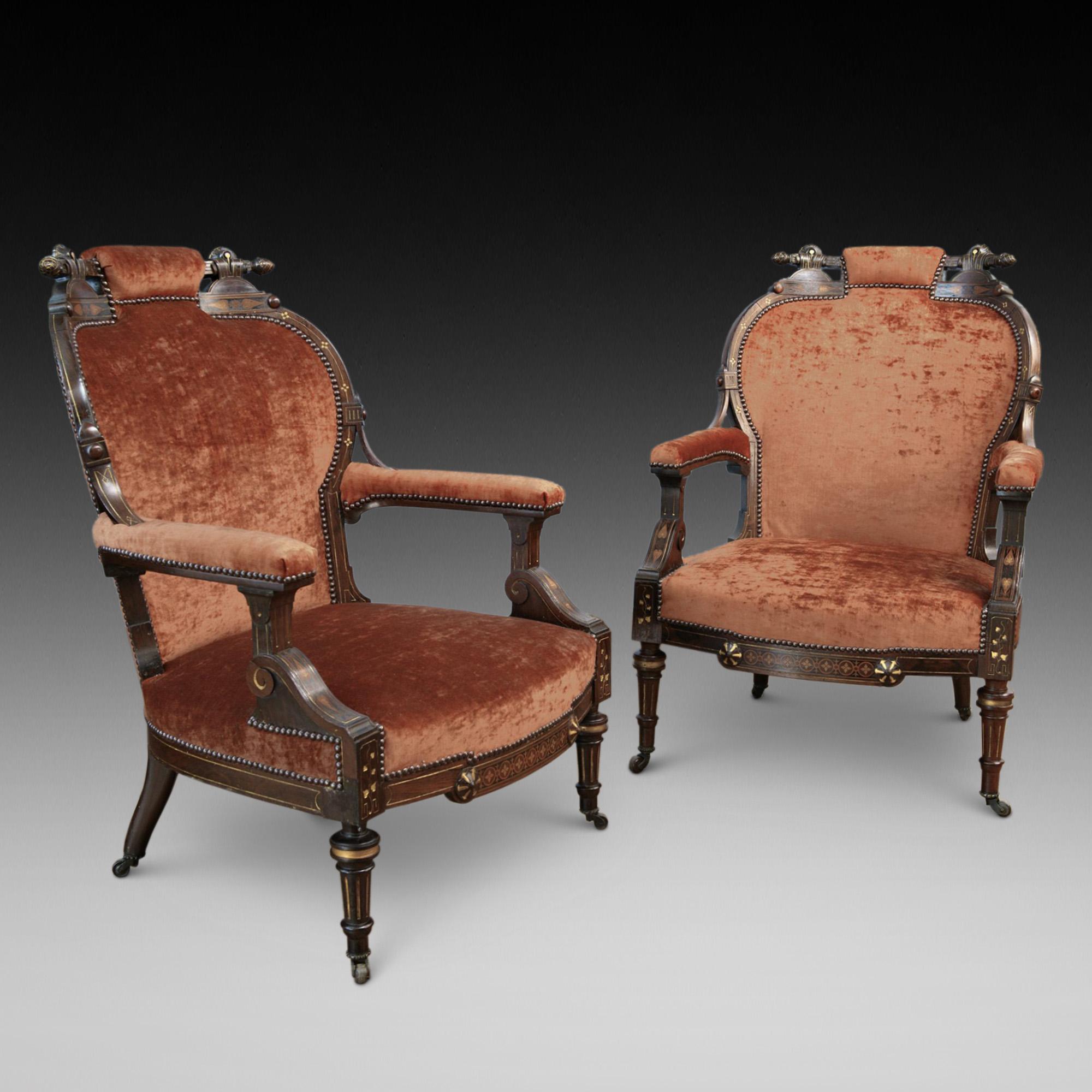 Pair of Mid 19th C Victorian Rosewood and Parcel Gilt Easy Arm Chairs ...