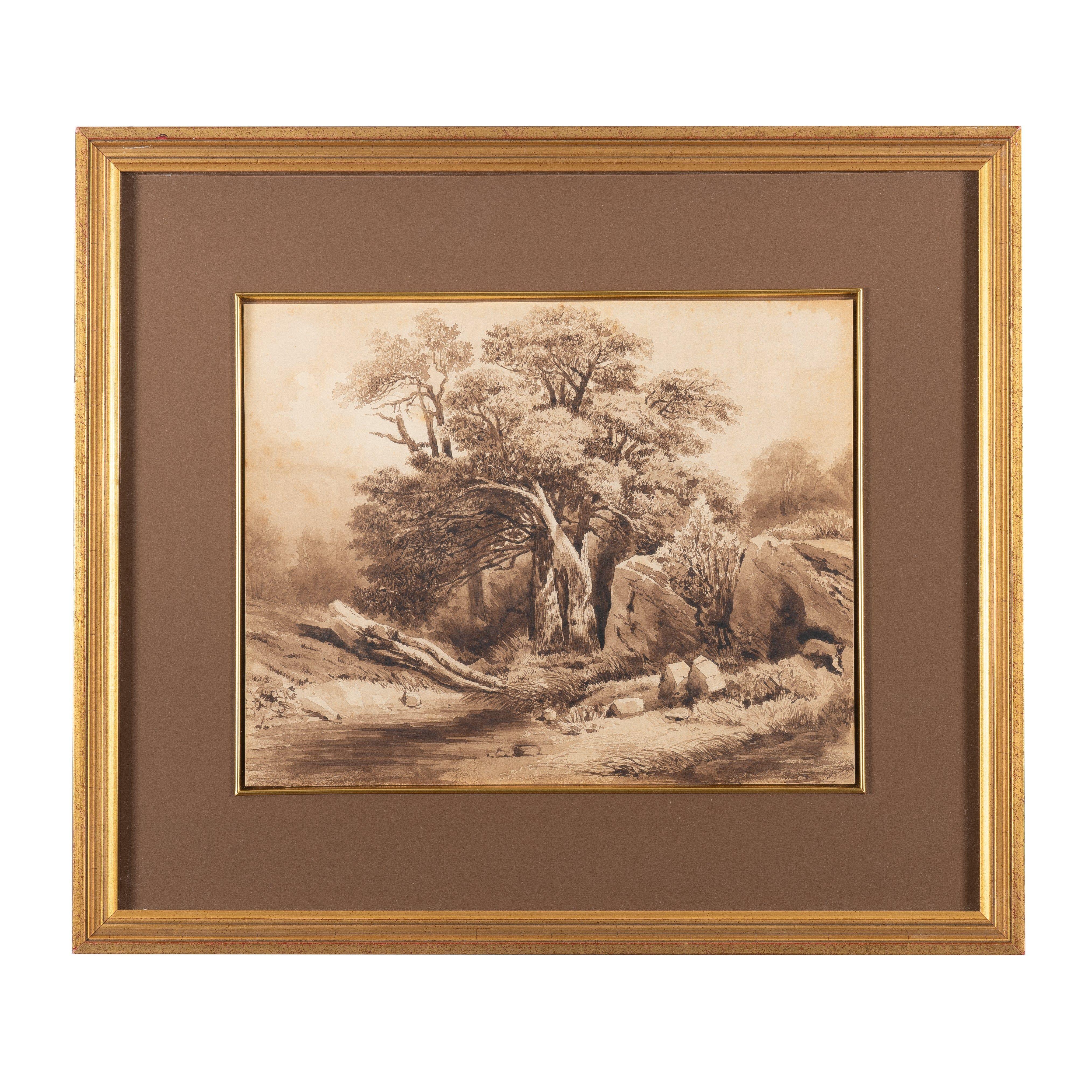 Pair of Mid 19th Century Anonymous English Sepia Watercolor Landscapes In Excellent Condition For Sale In Kenilworth, IL