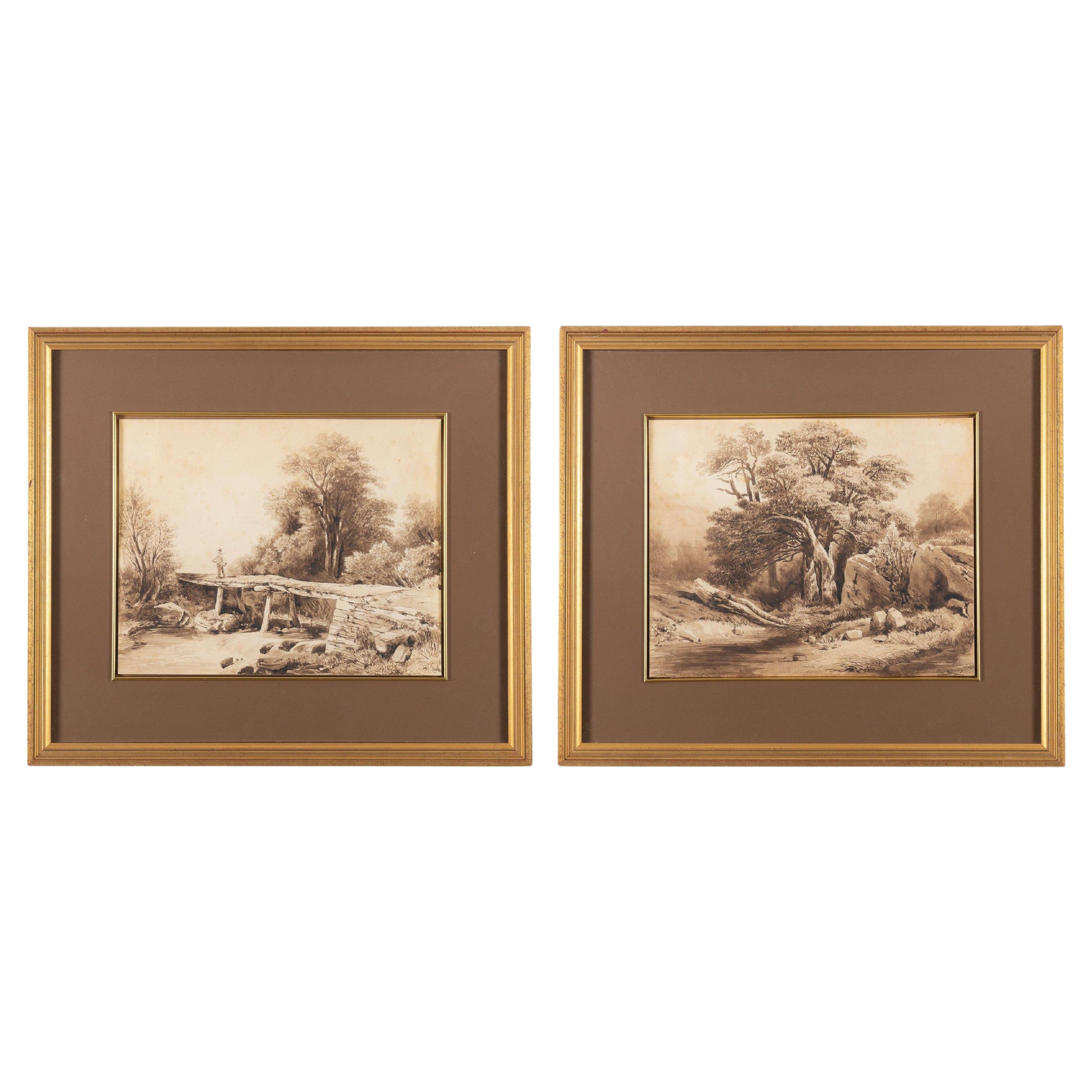Paire de paysages anglais anonymes à l'aquarelle sépia du milieu du 19e siècle