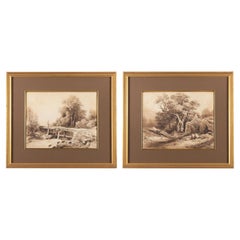 Pair of Mid 19th Century Anonymous English Sepia Watercolor Landscapes