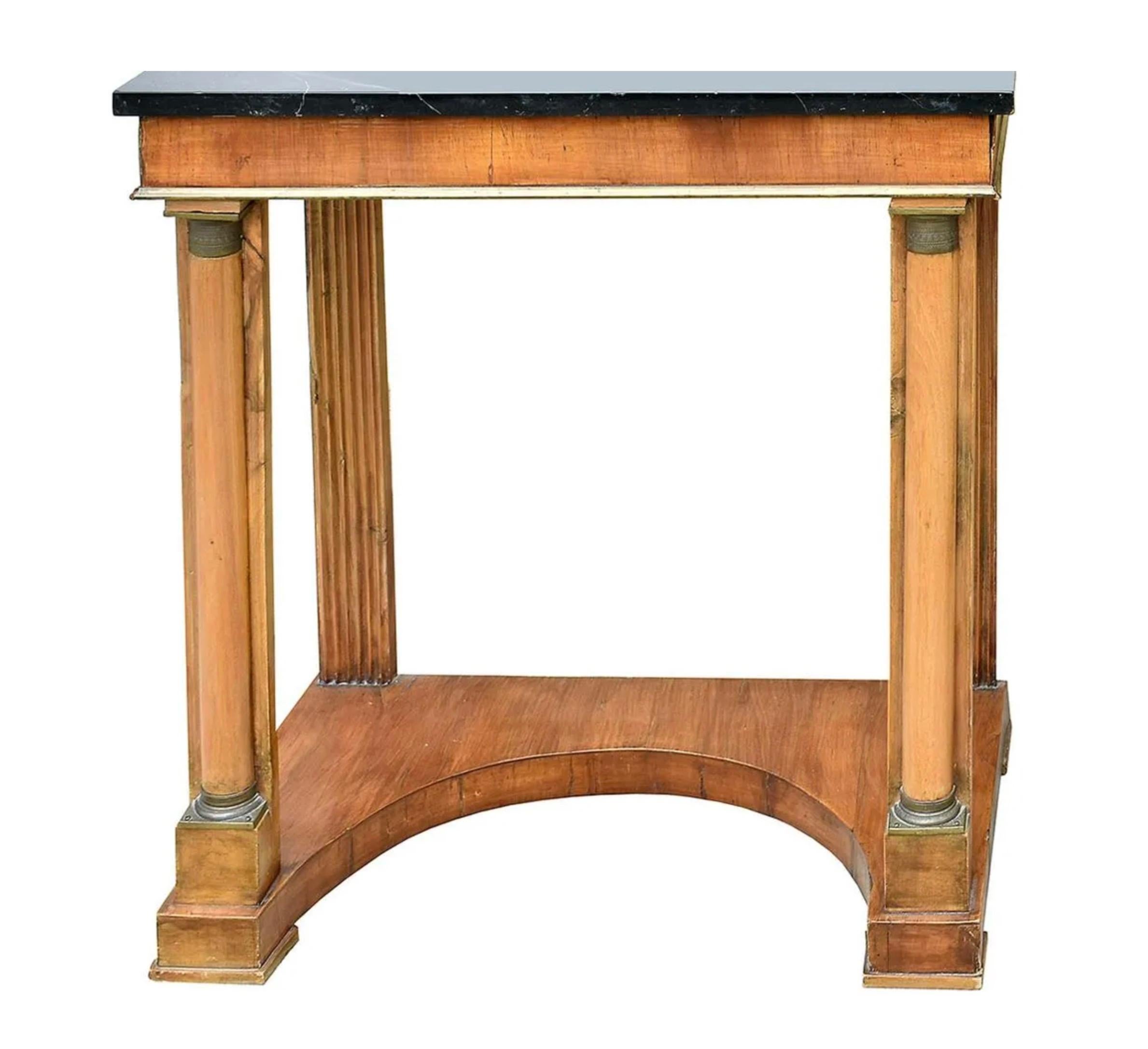 Beautiful pair of Antique French Empire side tables. Each painted rectangular top above a frieze fitted with a drawer, on supports within engaged half columns, set upon a concave platform base. Height 28 in. Width 26 in. Depth 14 in.

French walnut