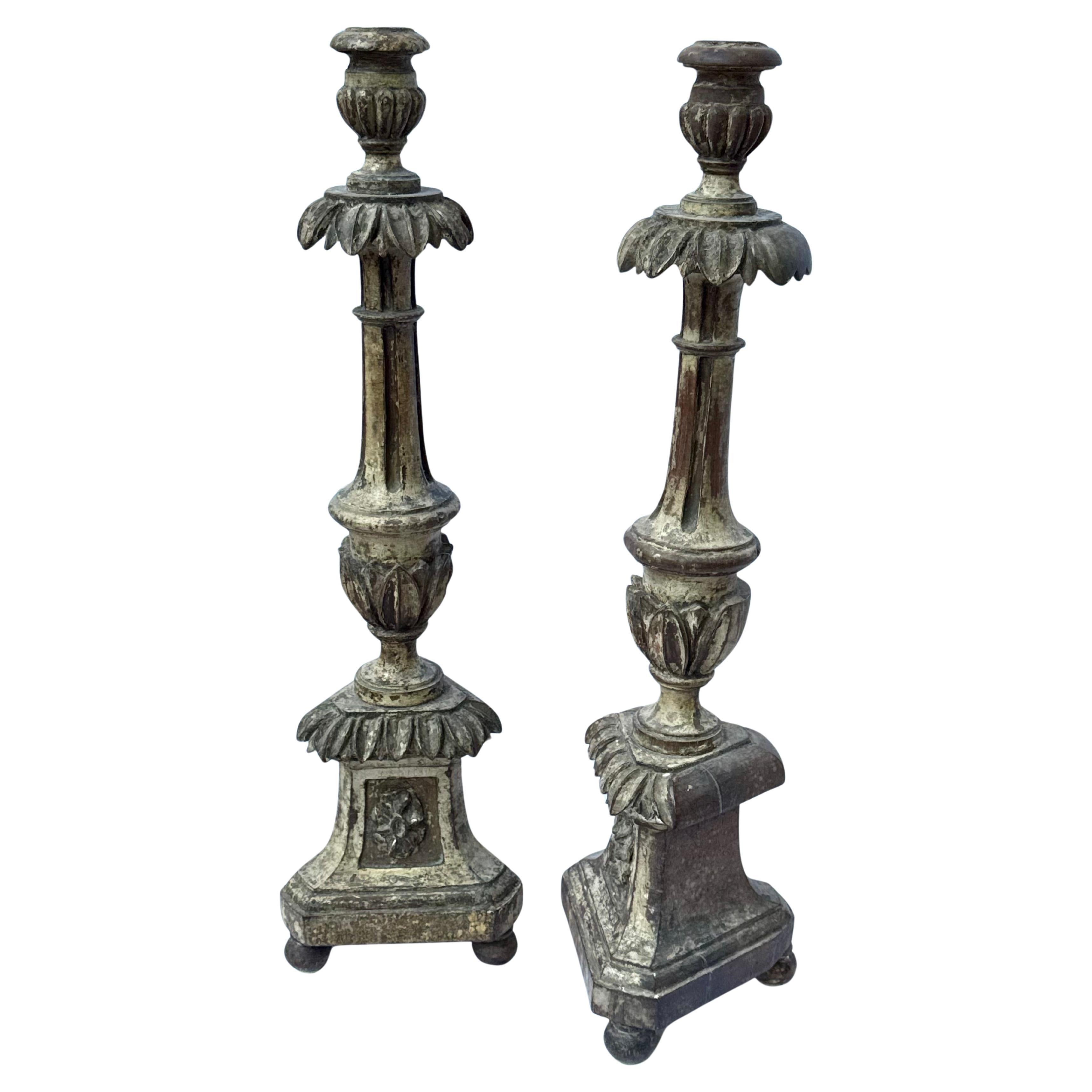 Italian Pair of Mid-19th Century Baroque Revival Carved Wooden Candlesticks For Sale