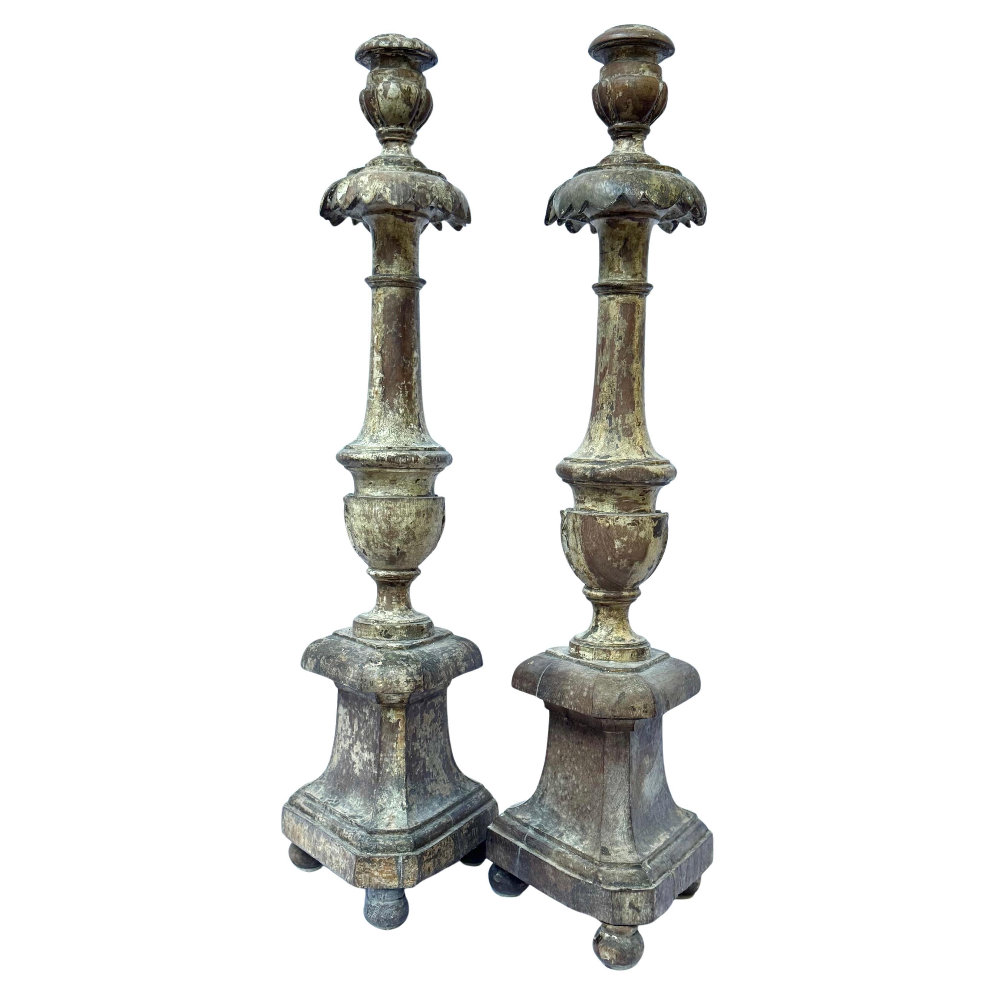 Pair of Mid-19th Century Baroque Revival Carved Wooden Candlesticks For Sale 1
