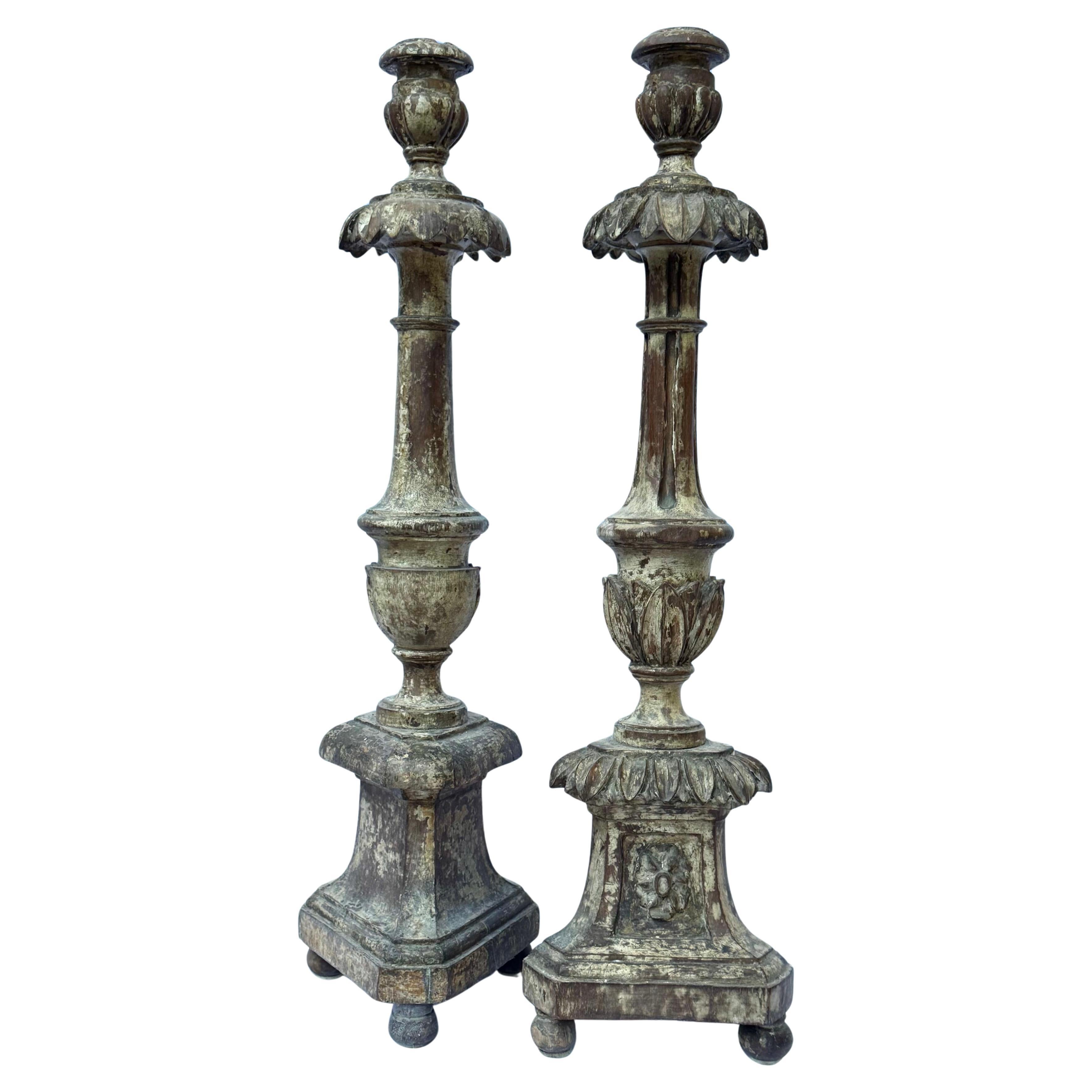 Pair of Mid-19th Century Baroque Revival Carved Wooden Candlesticks For Sale 2