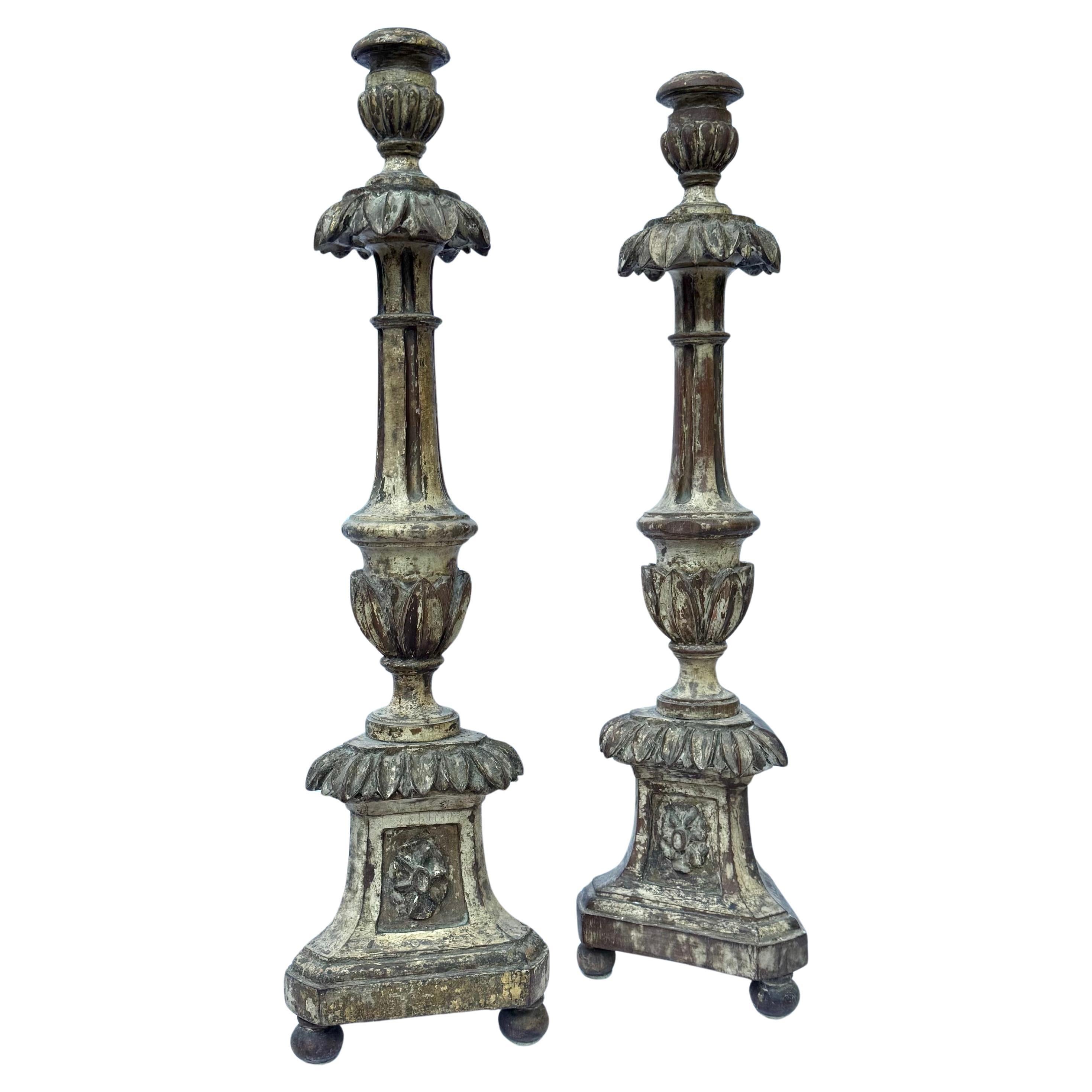 Pair of Mid-19th Century Baroque Revival Carved Wooden Candlesticks For Sale 3