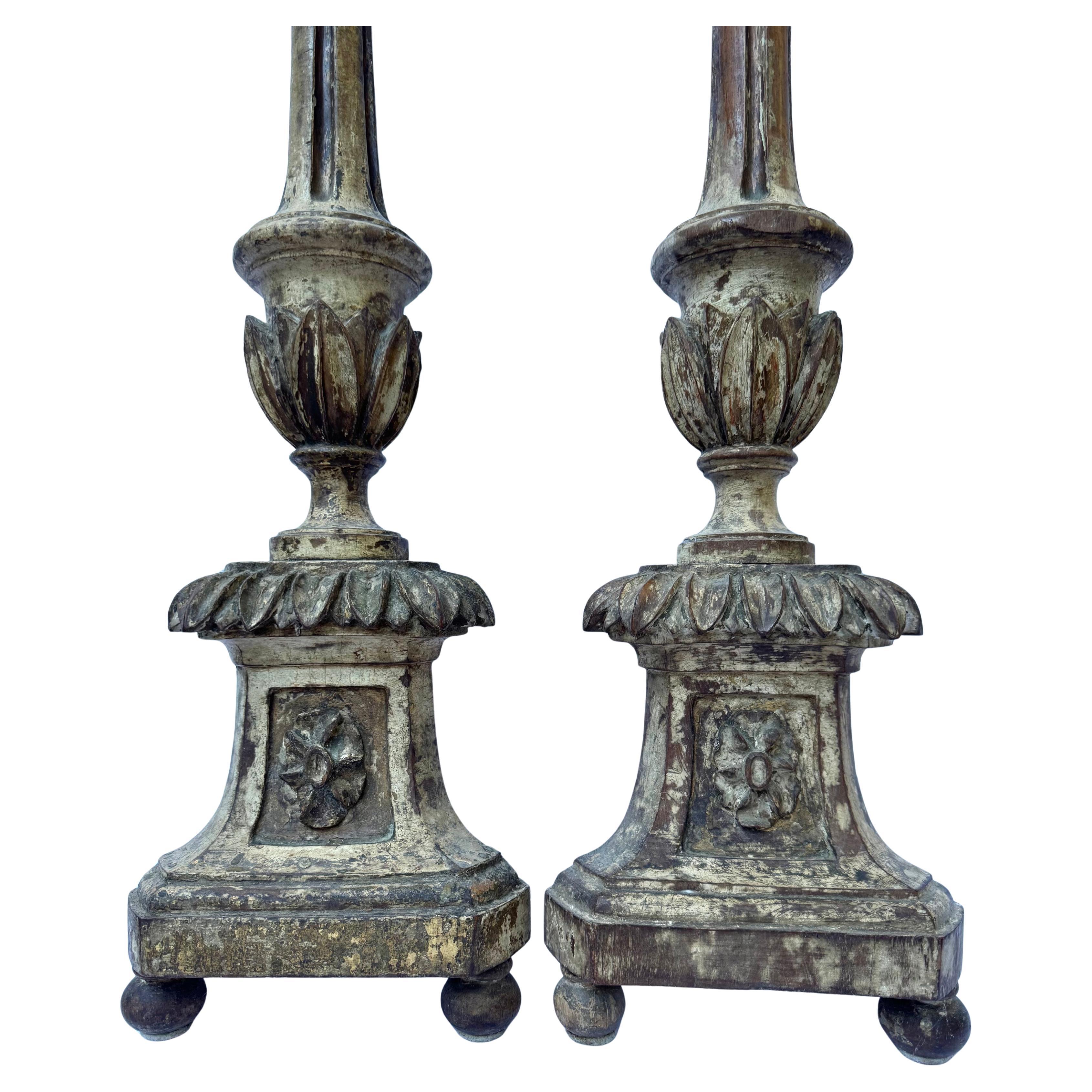 Pair of Mid-19th Century Baroque Revival Carved Wooden Candlesticks For Sale 4
