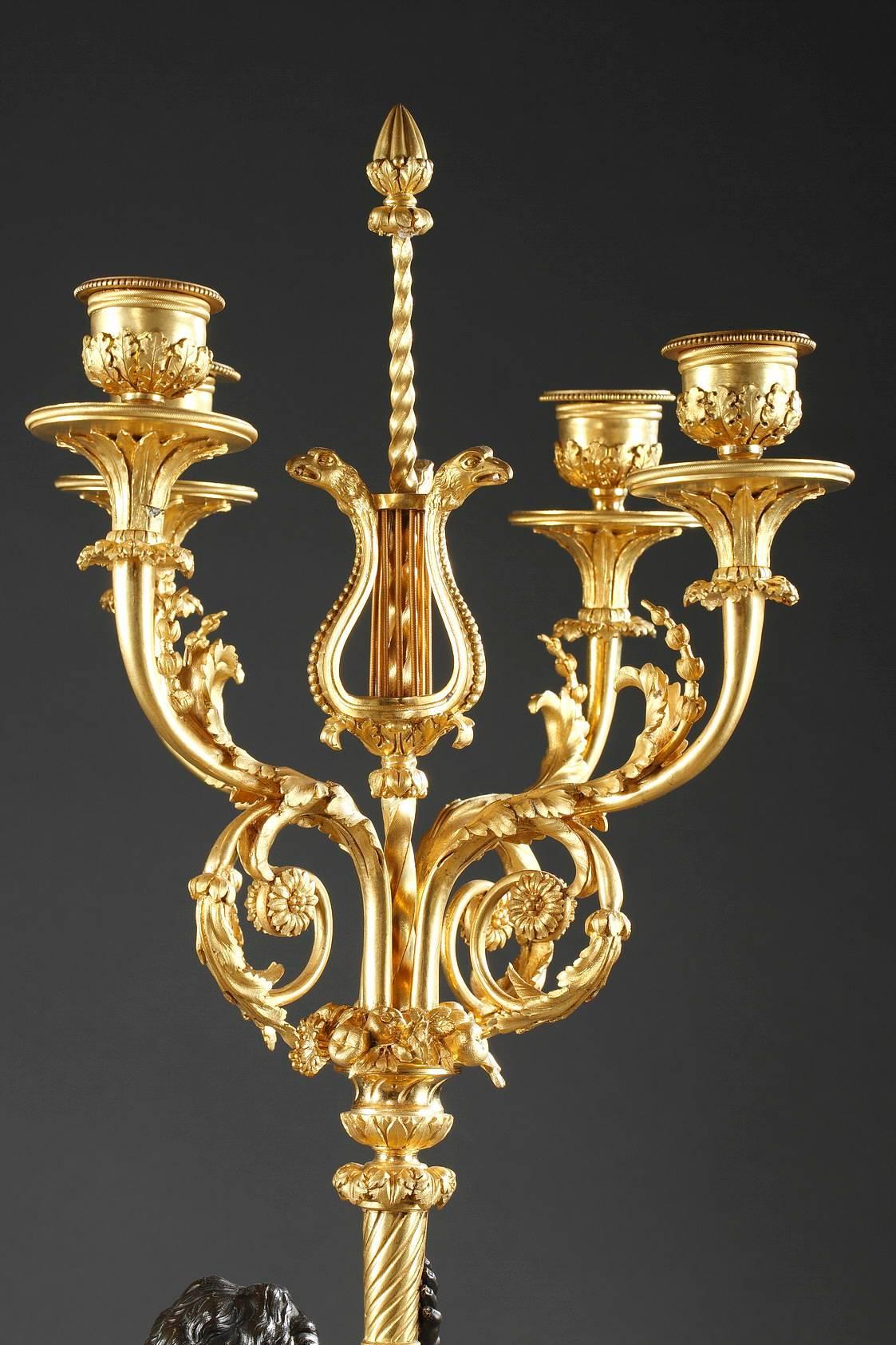 Louis XVI Pair of Mid-19th Century Bronze and Marble Candelabra, Young Cupids For Sale