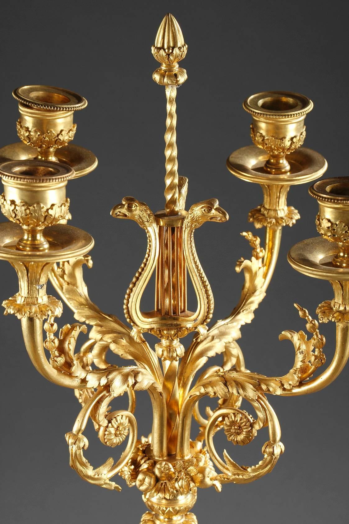 French Pair of Mid-19th Century Bronze and Marble Candelabra, Young Cupids For Sale