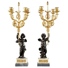 Pair of Mid-19th Century Bronze and Marble Candelabra, Young Cupids