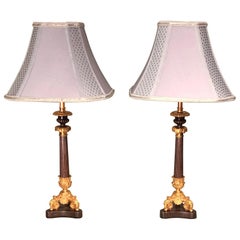 Pair of Mid-19th Century Bronze and Ormolu Triform Candlestick Lamps
