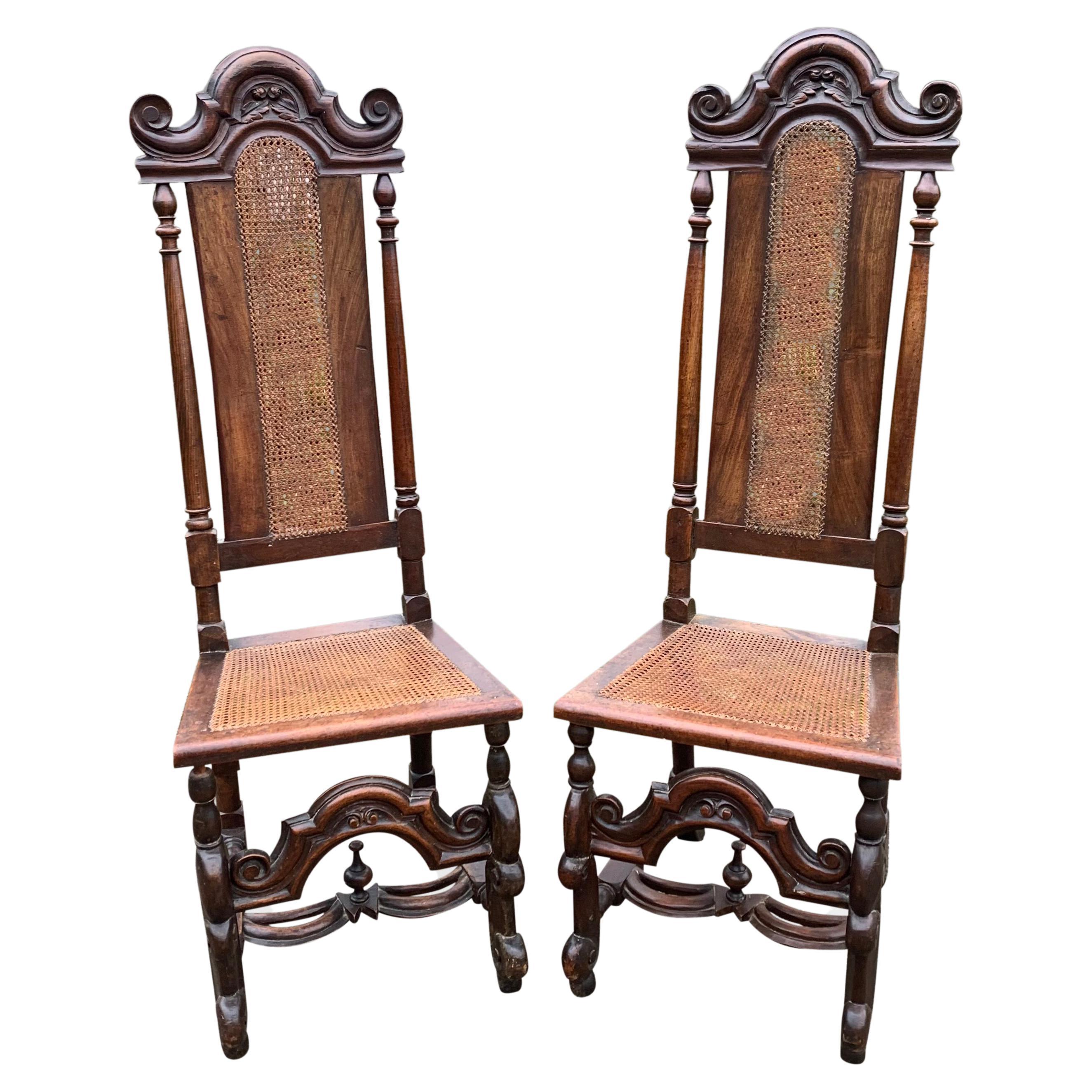 Pair of Mid 19th Century Carolean Style High Back Walnut Chairs For Sale