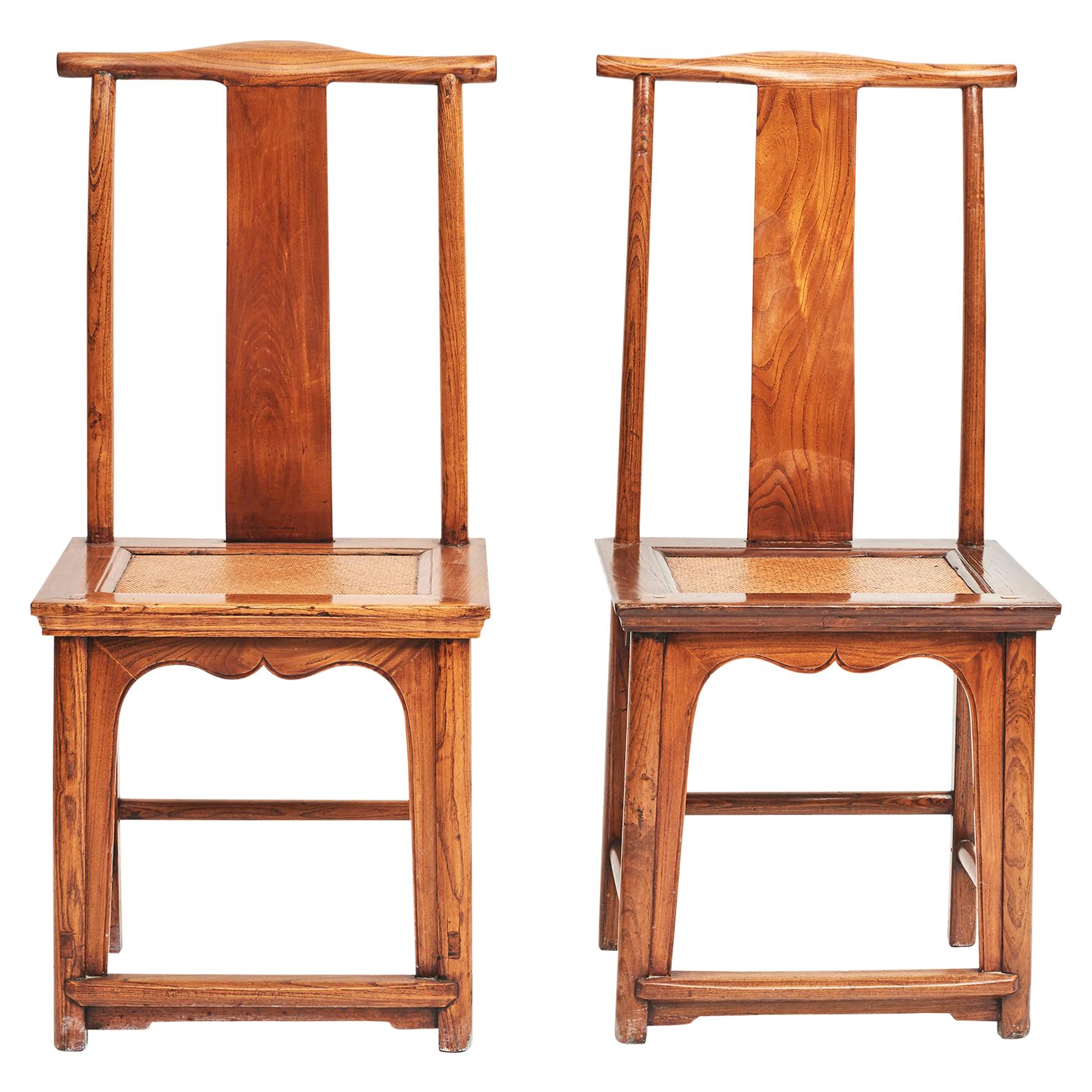 Pair of Mid-19th Century Chinese Ming Style Chairs in Jumu Wood with Wicker Seat