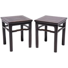 Antique Pair of Mid-19th Century Chinese Square Stools with Humpback Stretchers