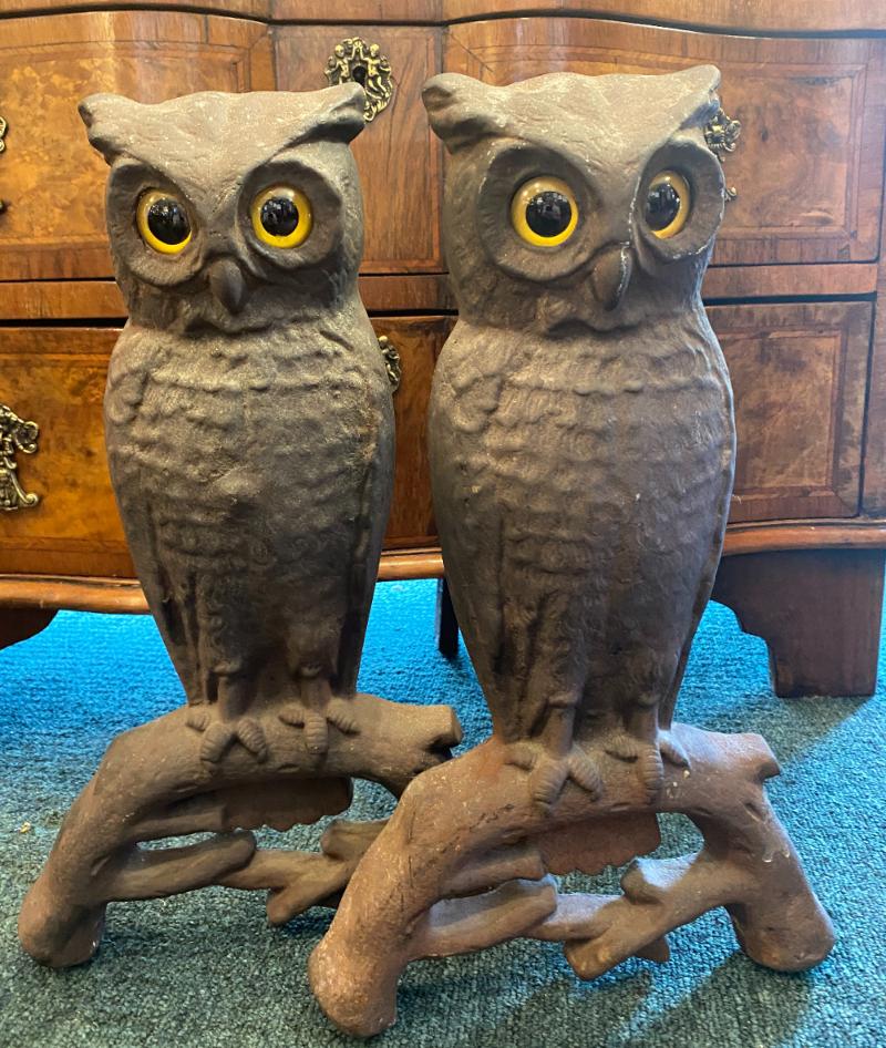 Pair of mid 19th century Arts & Crafts cast iron owl andirons. 
Each molded as owls on bracket feet 
Measure: 15.5