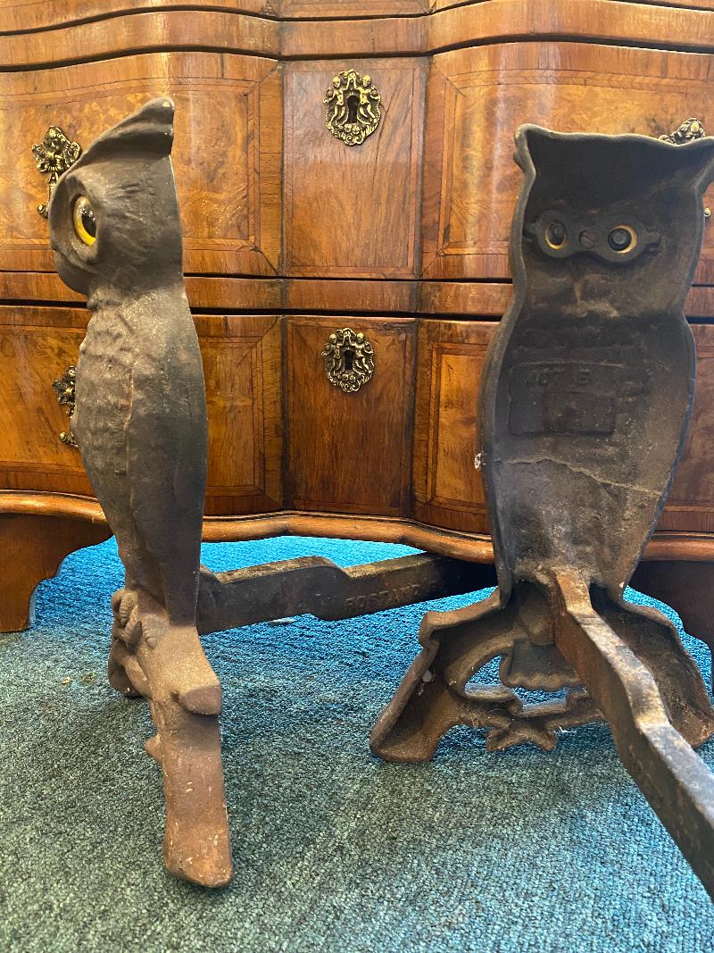 Arts and Crafts Pair of Mid 19th Century English Arts & Crafts Cast Iron Owl Andirons