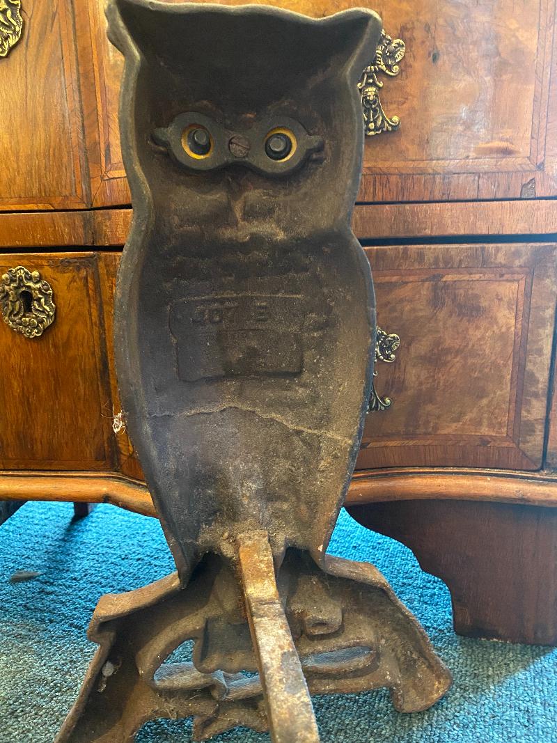 Pair of Mid 19th Century English Arts & Crafts Cast Iron Owl Andirons 1