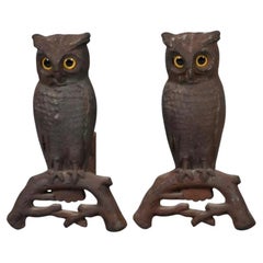 Antique Pair of Mid 19th Century English Arts & Crafts Cast Iron Owl Andirons