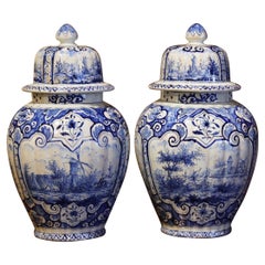 Pair of Mid-19th Century French Blue and White Delft Faience Ginger Jars