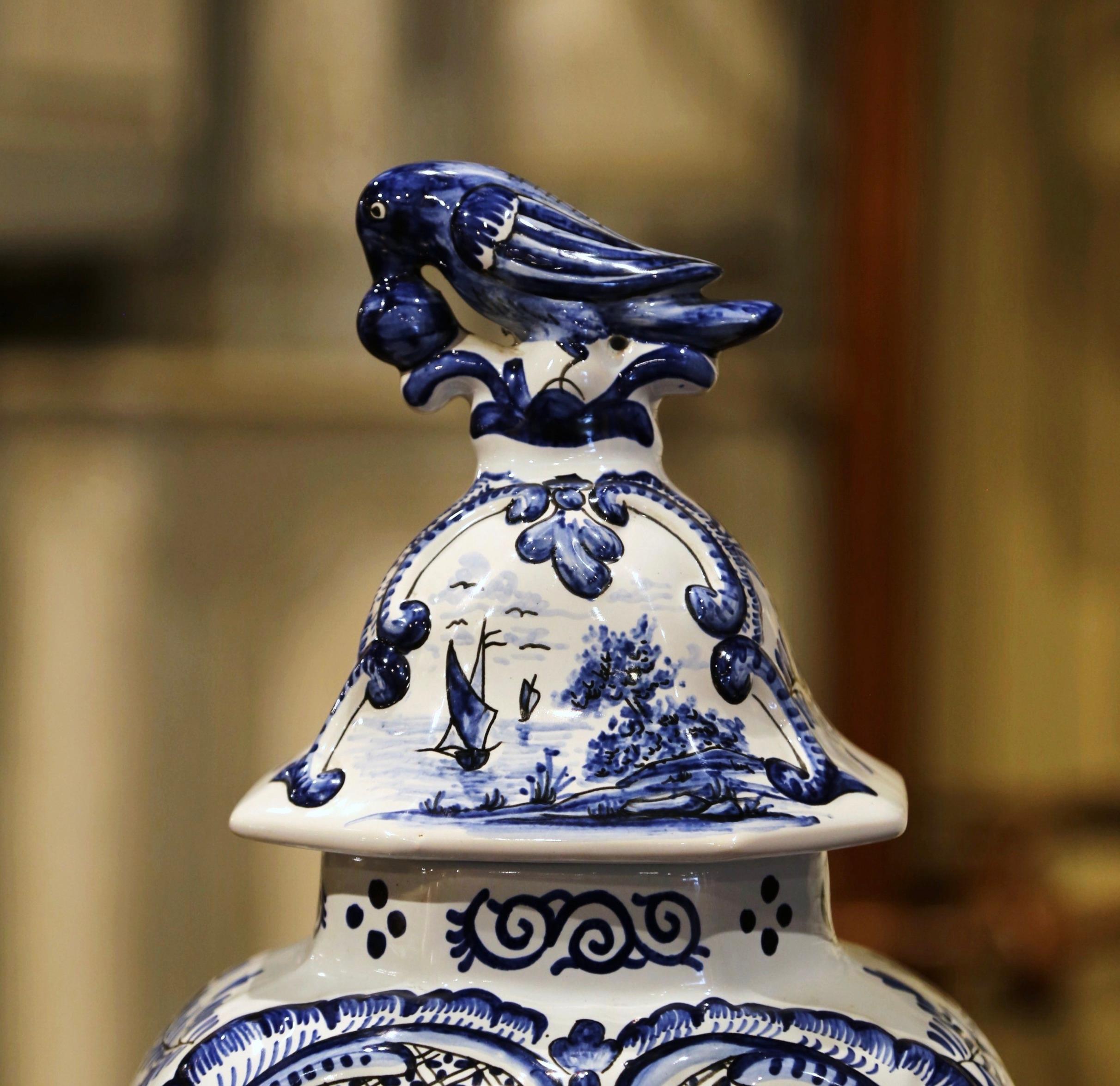 Pair of Mid-19th Century French Blue and White Faience Delft Vases with Lids 4