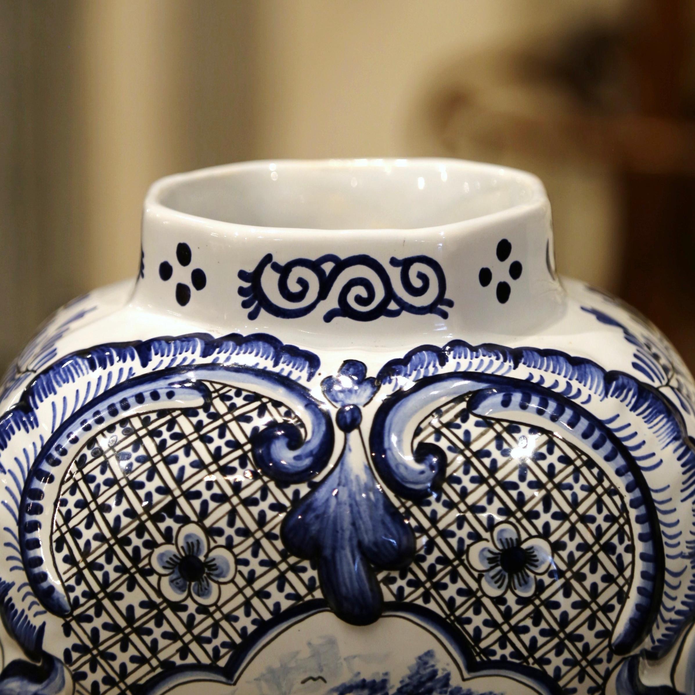 Pair of Mid-19th Century French Blue and White Faience Delft Vases with Lids 5