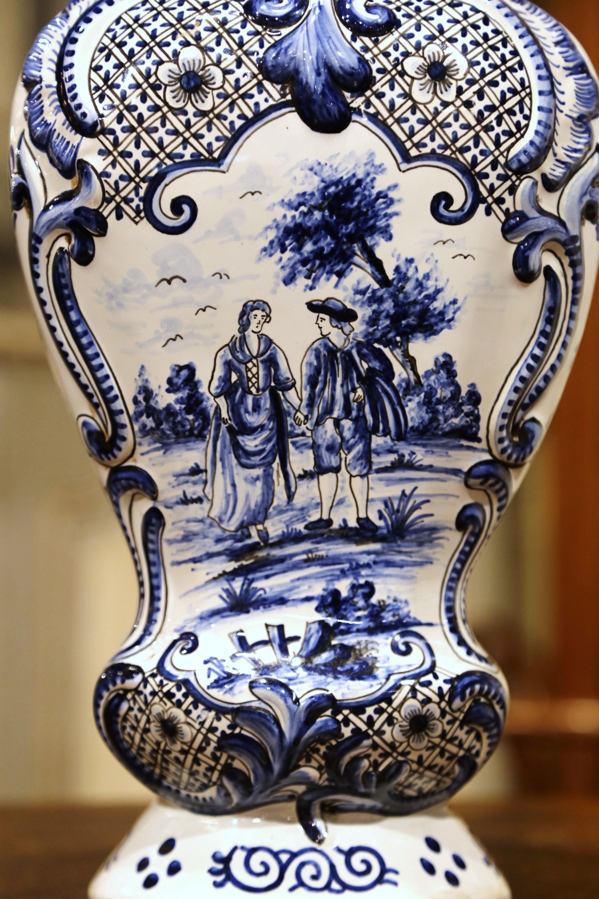 Louis XV Pair of Mid-19th Century French Blue and White Faience Delft Vases with Lids