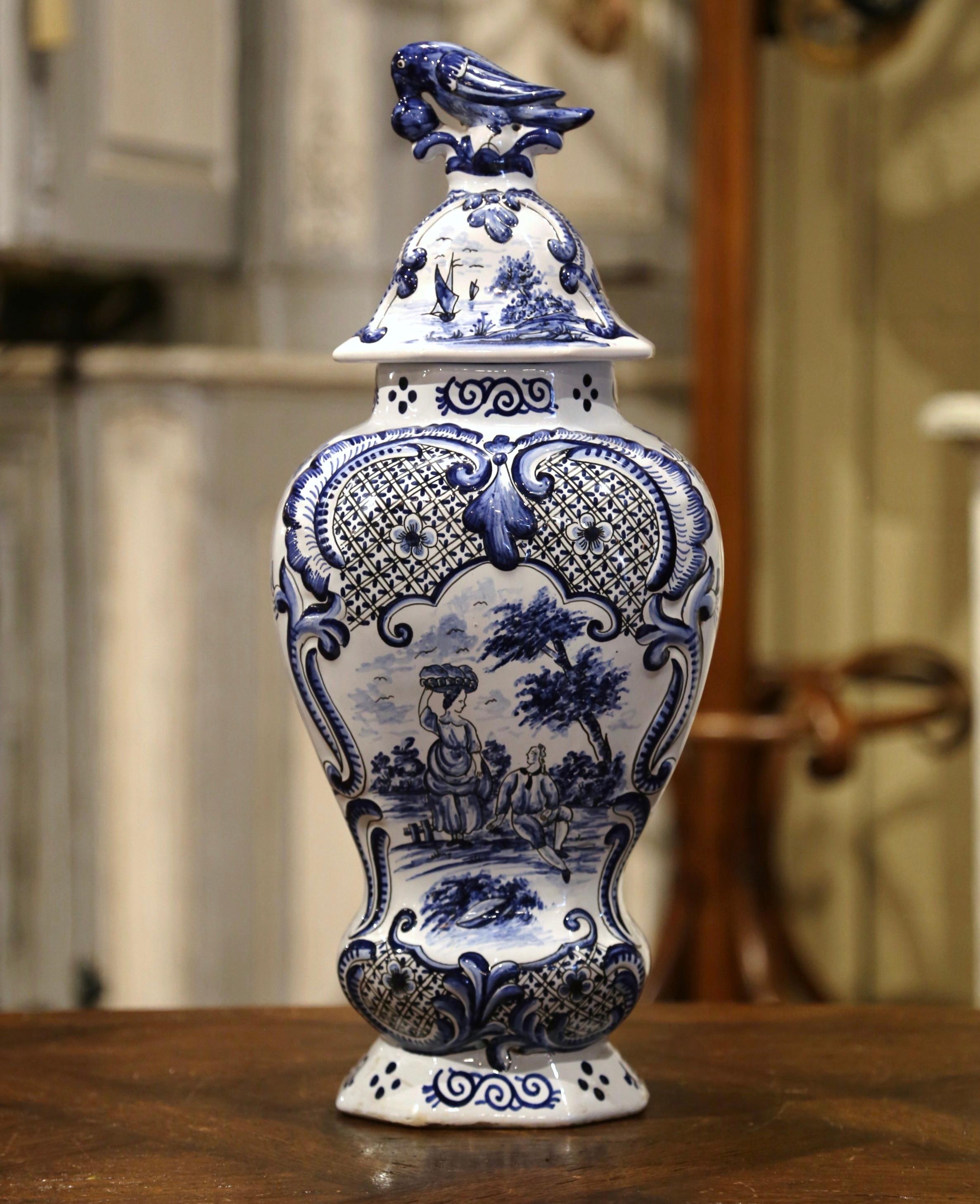 Hand-Crafted Pair of Mid-19th Century French Blue and White Faience Delft Vases with Lids