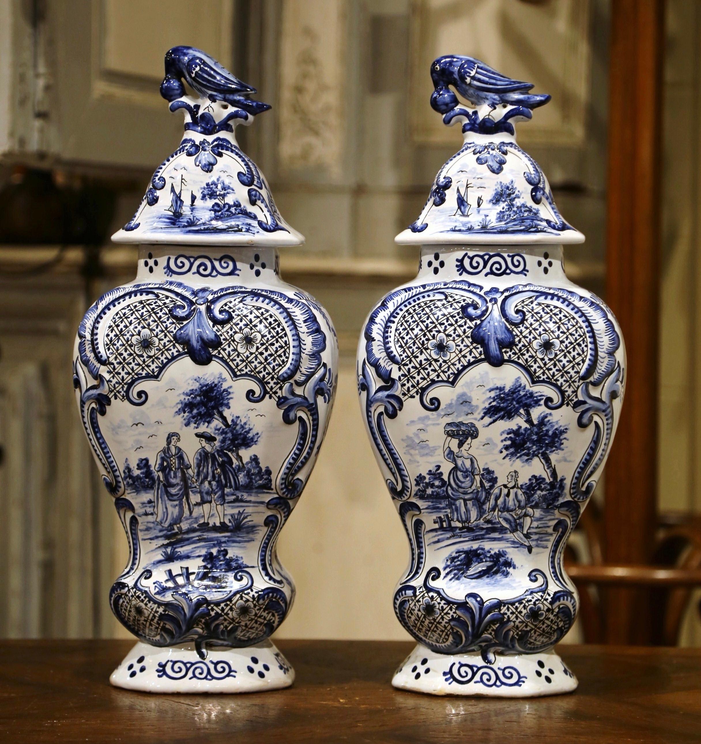 Ceramic Pair of Mid-19th Century French Blue and White Faience Delft Vases with Lids