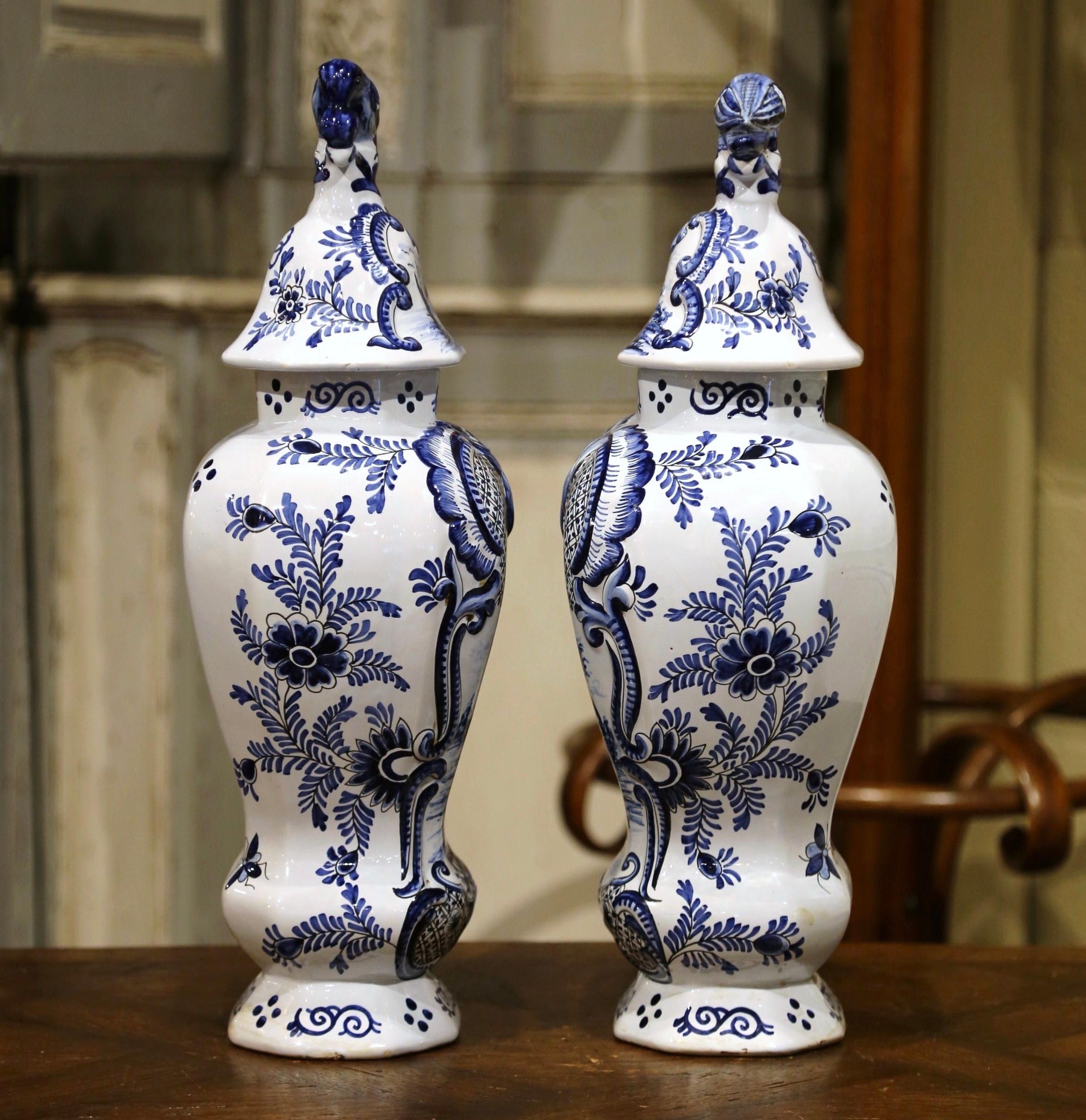 Pair of Mid-19th Century French Blue and White Faience Delft Vases with Lids 1