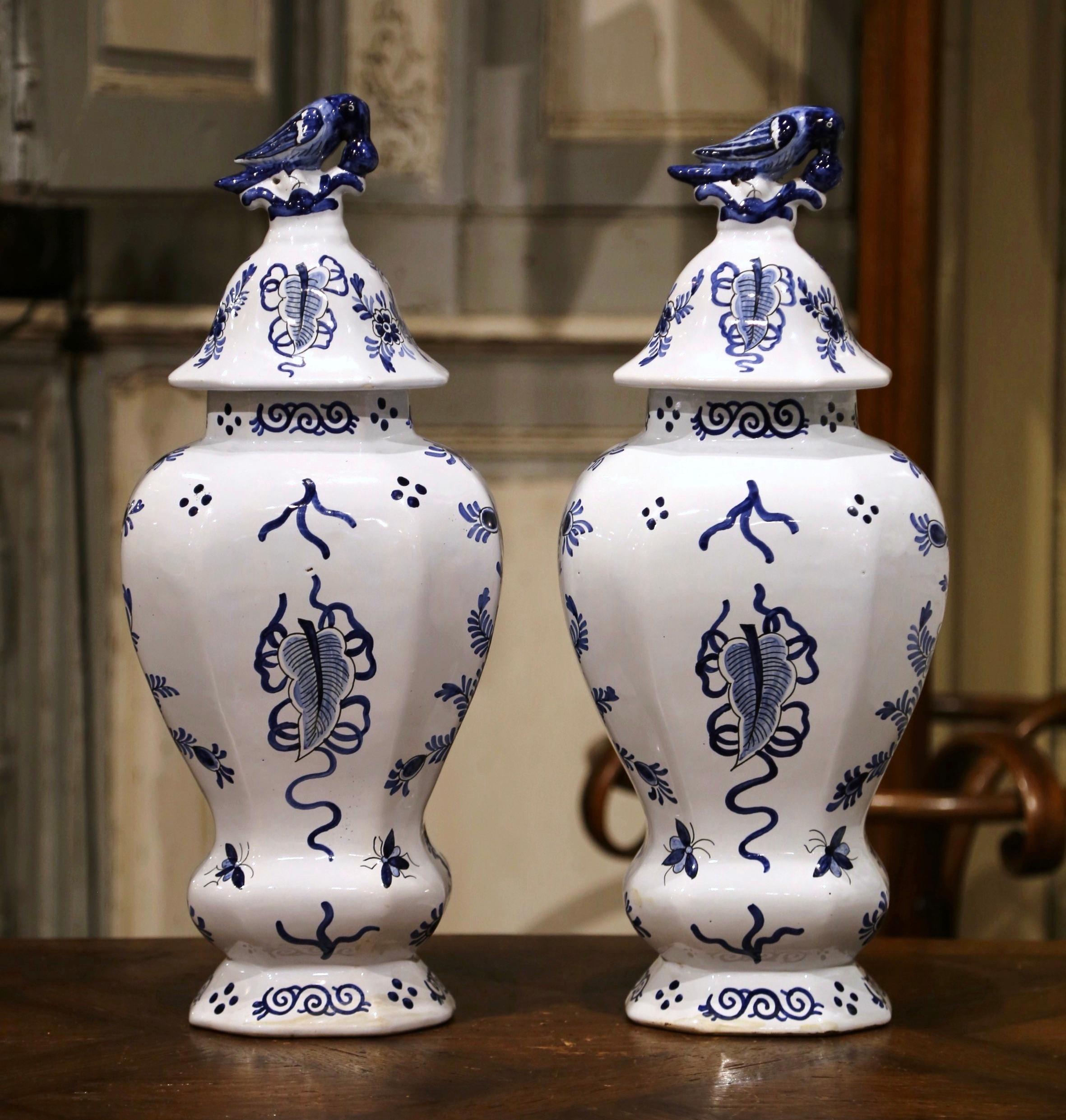 Pair of Mid-19th Century French Blue and White Faience Delft Vases with Lids 2