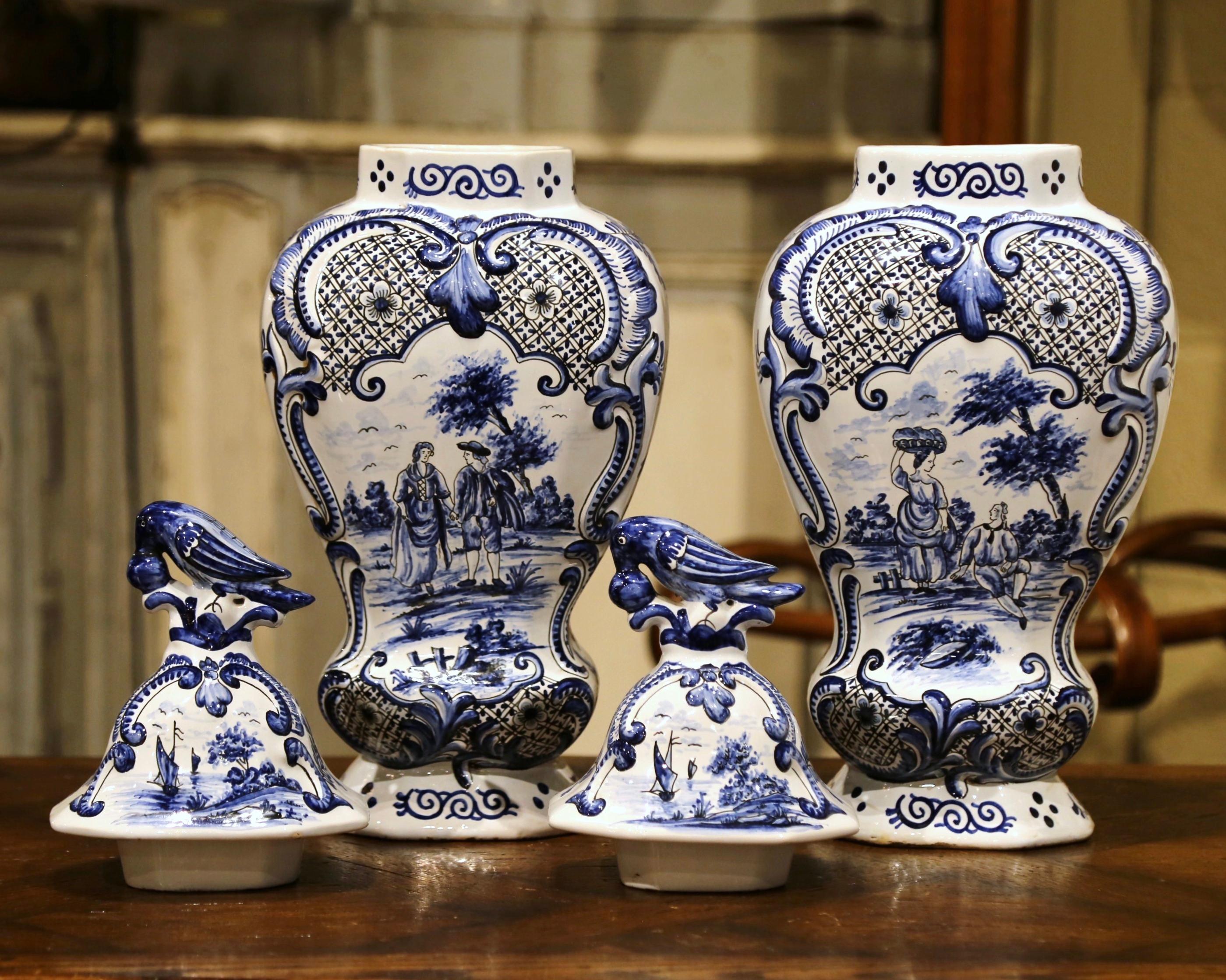 Pair of Mid-19th Century French Blue and White Faience Delft Vases with Lids 3