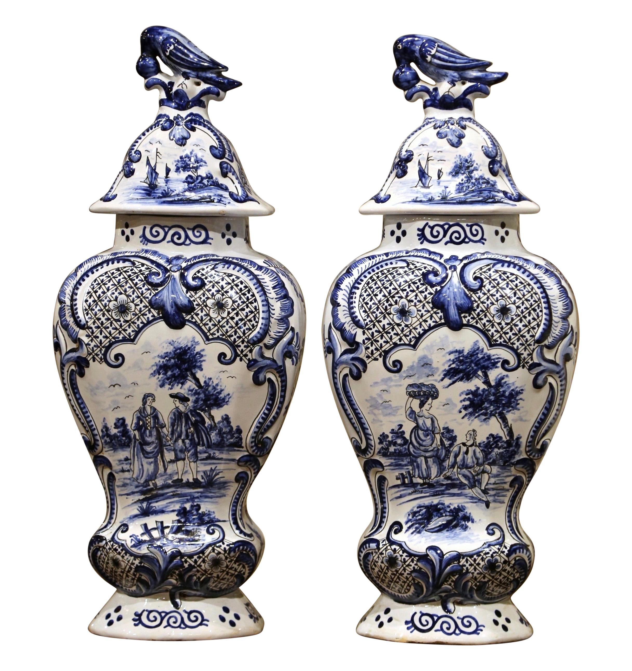 Pair of Mid-19th Century French Blue and White Faience Delft Vases with Lids