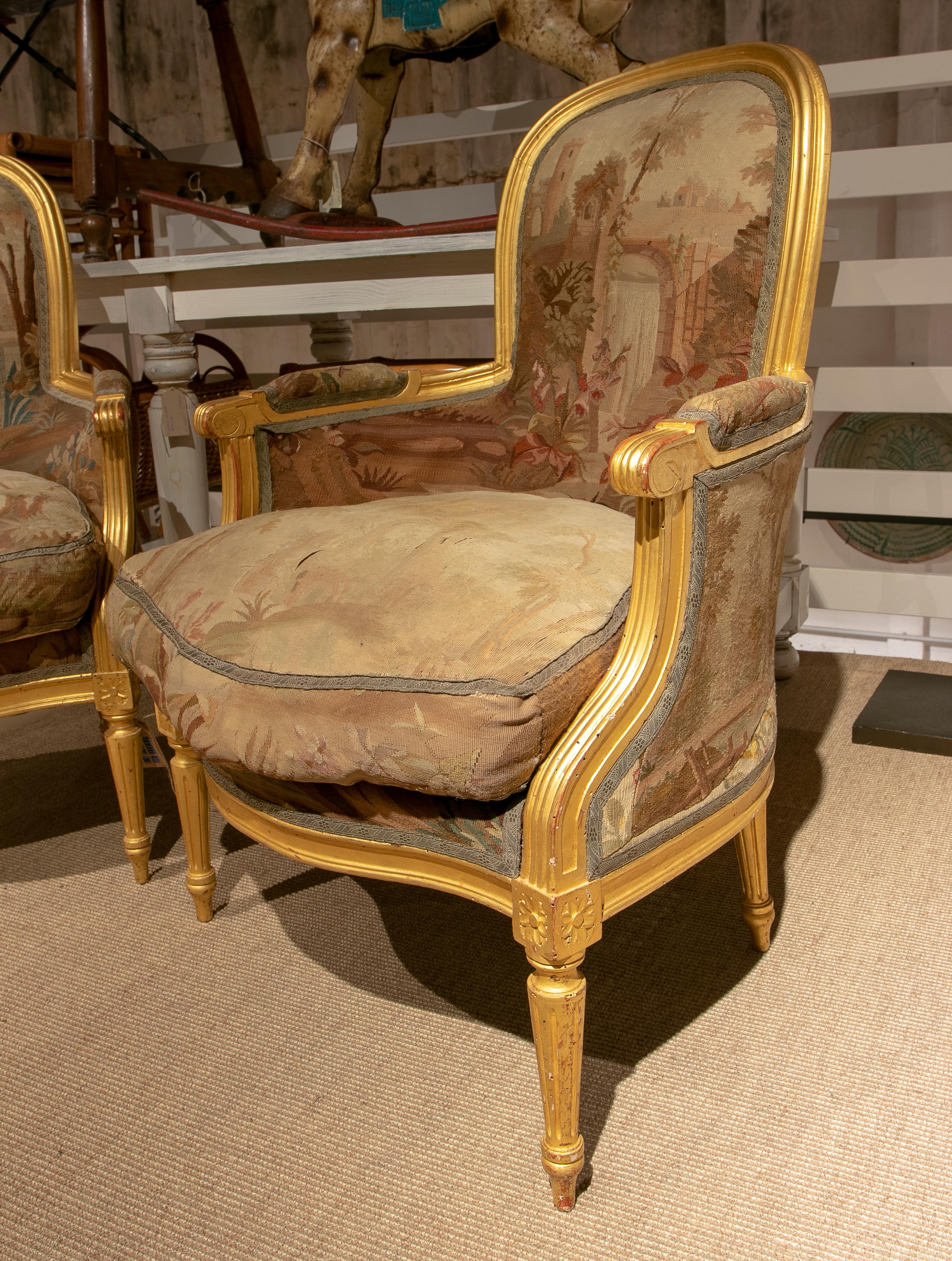 Pair of Mid-19th Century French Giltwood Armchairs W/ 18th Century Upholstery In Good Condition In Marbella, ES