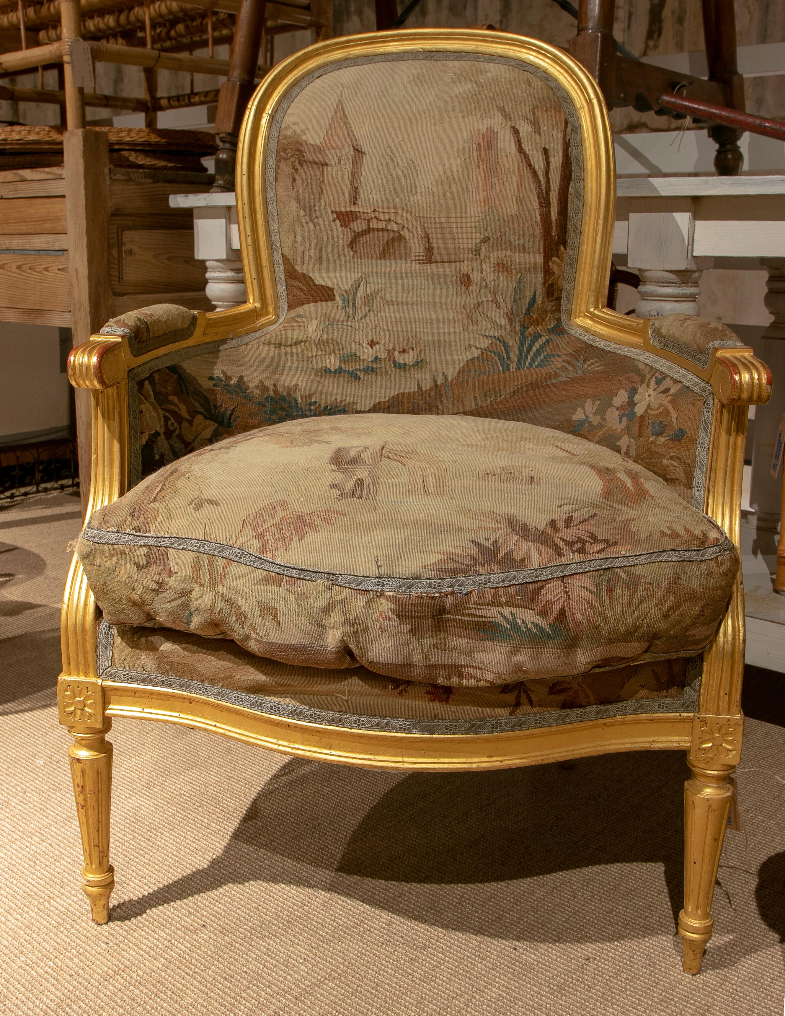 Fabric Pair of Mid-19th Century French Giltwood Armchairs W/ 18th Century Upholstery