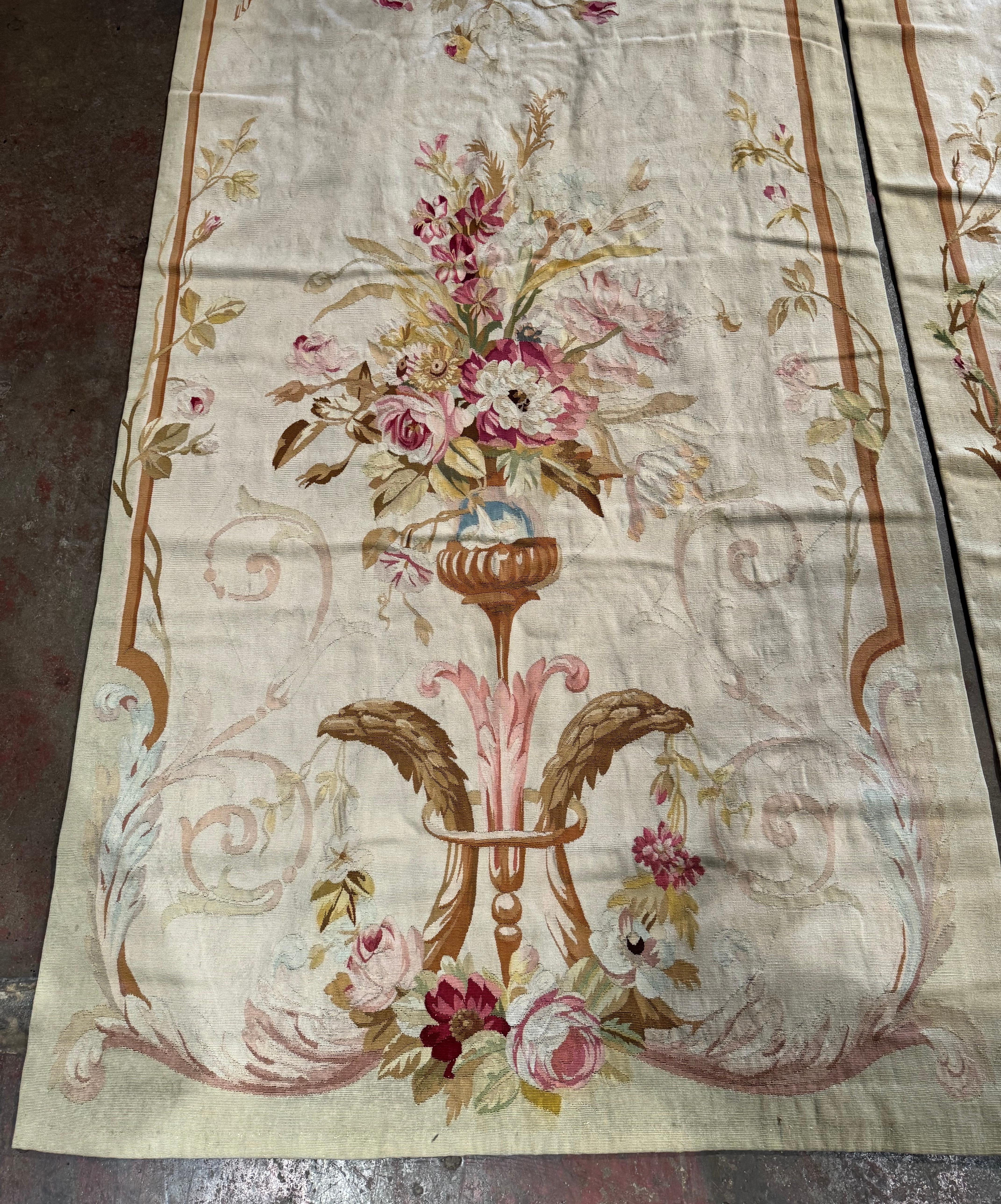 Pair of Mid-19th Century French Handwoven Floral Aubusson Wall Hanging Portieres In Excellent Condition For Sale In Dallas, TX