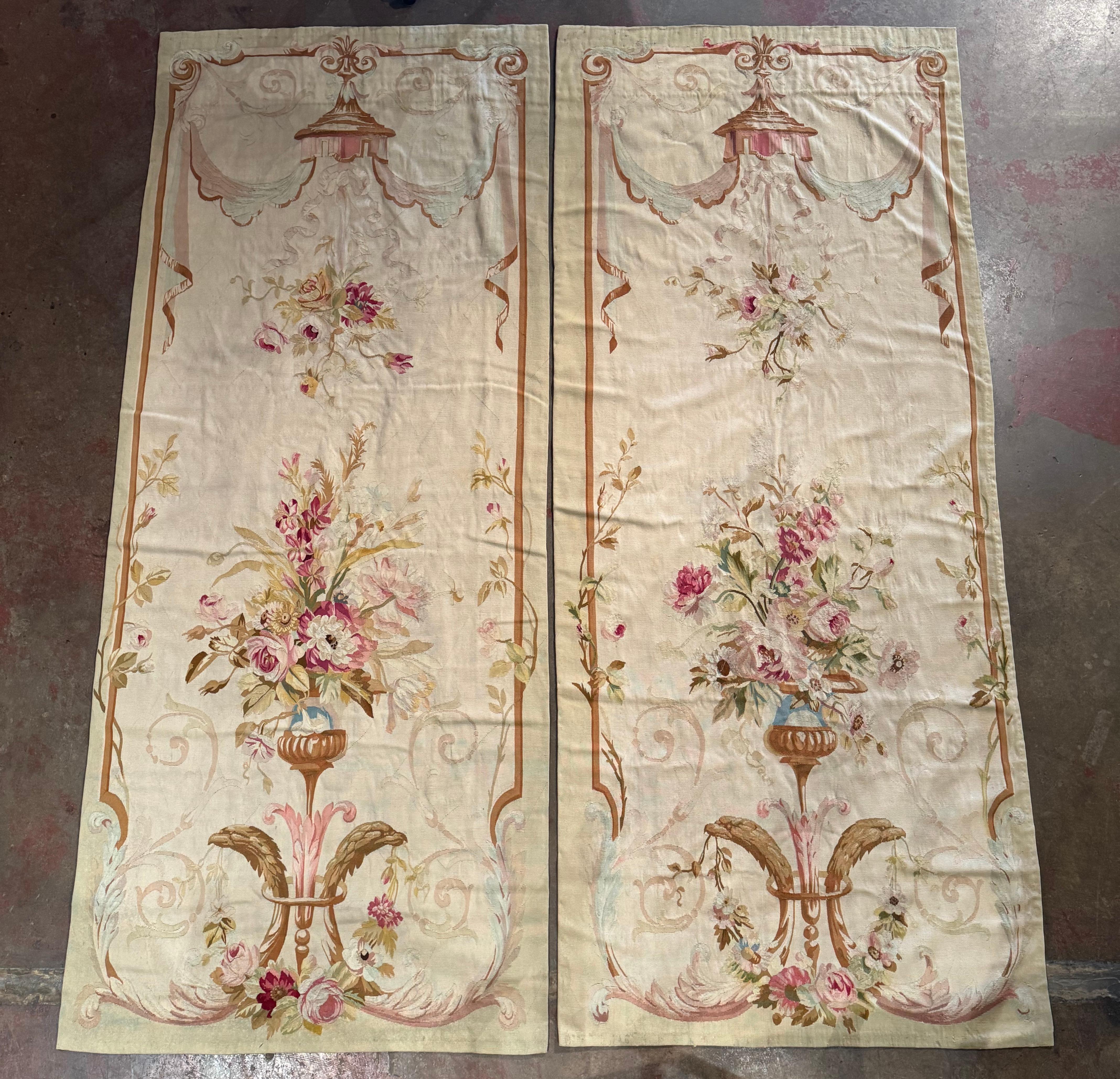 Tapestry Pair of Mid-19th Century French Handwoven Floral Aubusson Wall Hanging Portieres For Sale