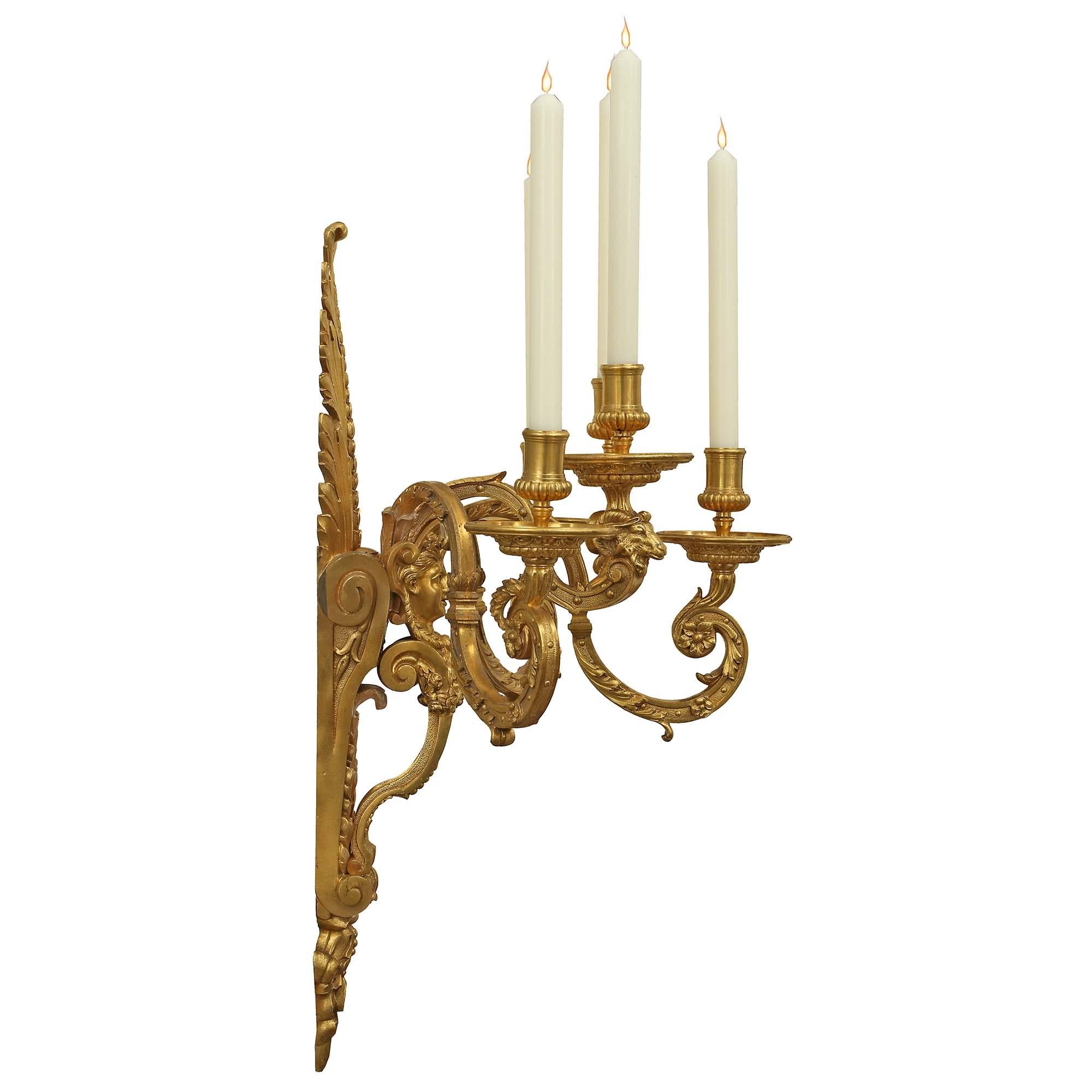 Pair of Mid-19th Century French Louis XIV St. Ormolu Five Arm Sconces In Good Condition For Sale In West Palm Beach, FL
