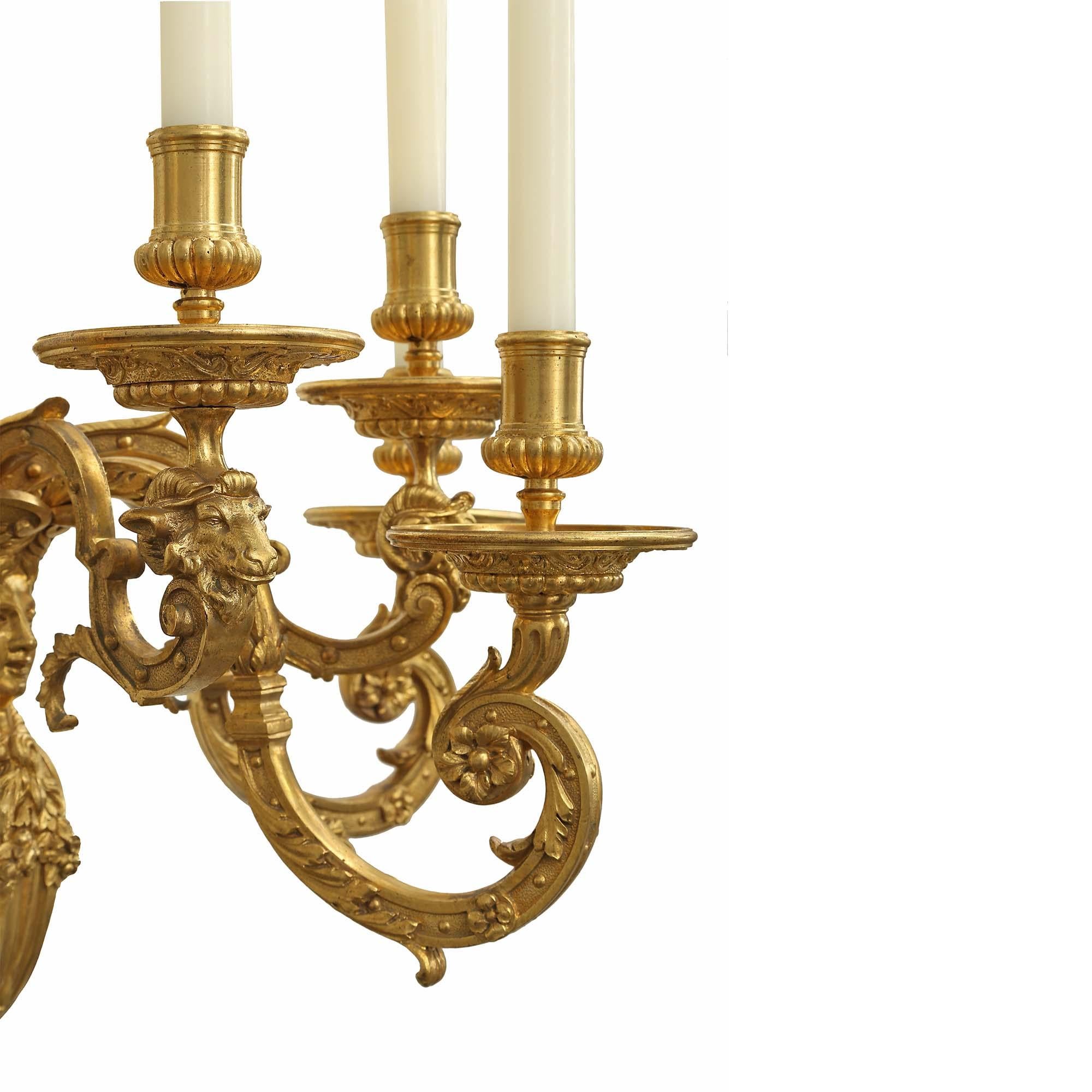 Pair of Mid-19th Century French Louis XIV St. Ormolu Five Arm Sconces For Sale 1