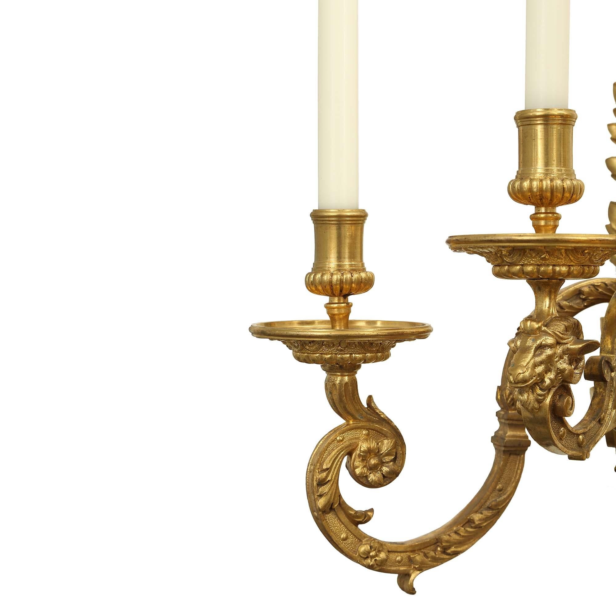 Pair of Mid-19th Century French Louis XIV St. Ormolu Five Arm Sconces For Sale 2