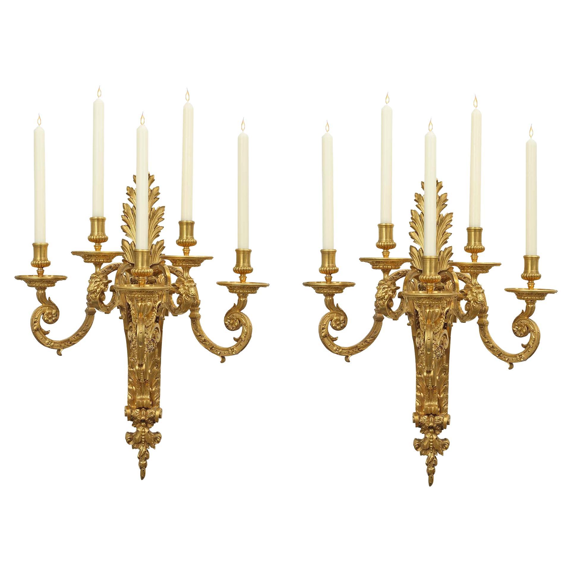 Pair of Mid-19th Century French Louis XIV St. Ormolu Five Arm Sconces For Sale