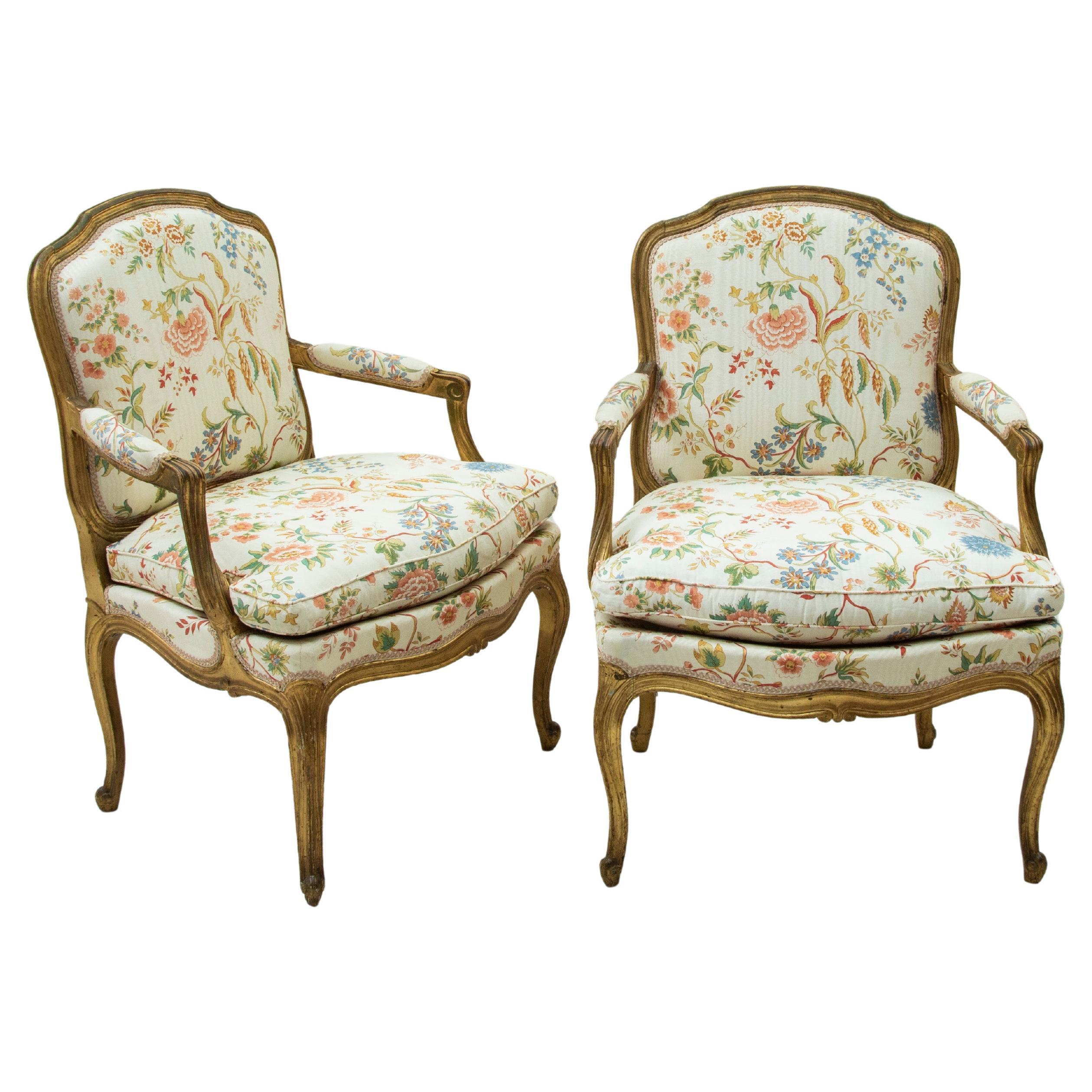 Pair of Mid-19th Century French Louis XV Style Gilt Wood Armchairs