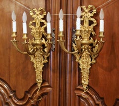 Pair of Mid-19th Century French Louis XVI Bronze Dore Three-Light Wall Sconces
