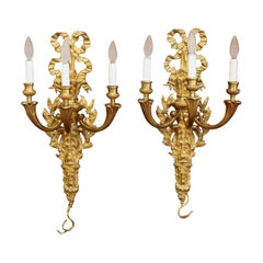 Pair of Mid-19th Century French Louis XVI Bronze Dore Three-Light Wall Sconces