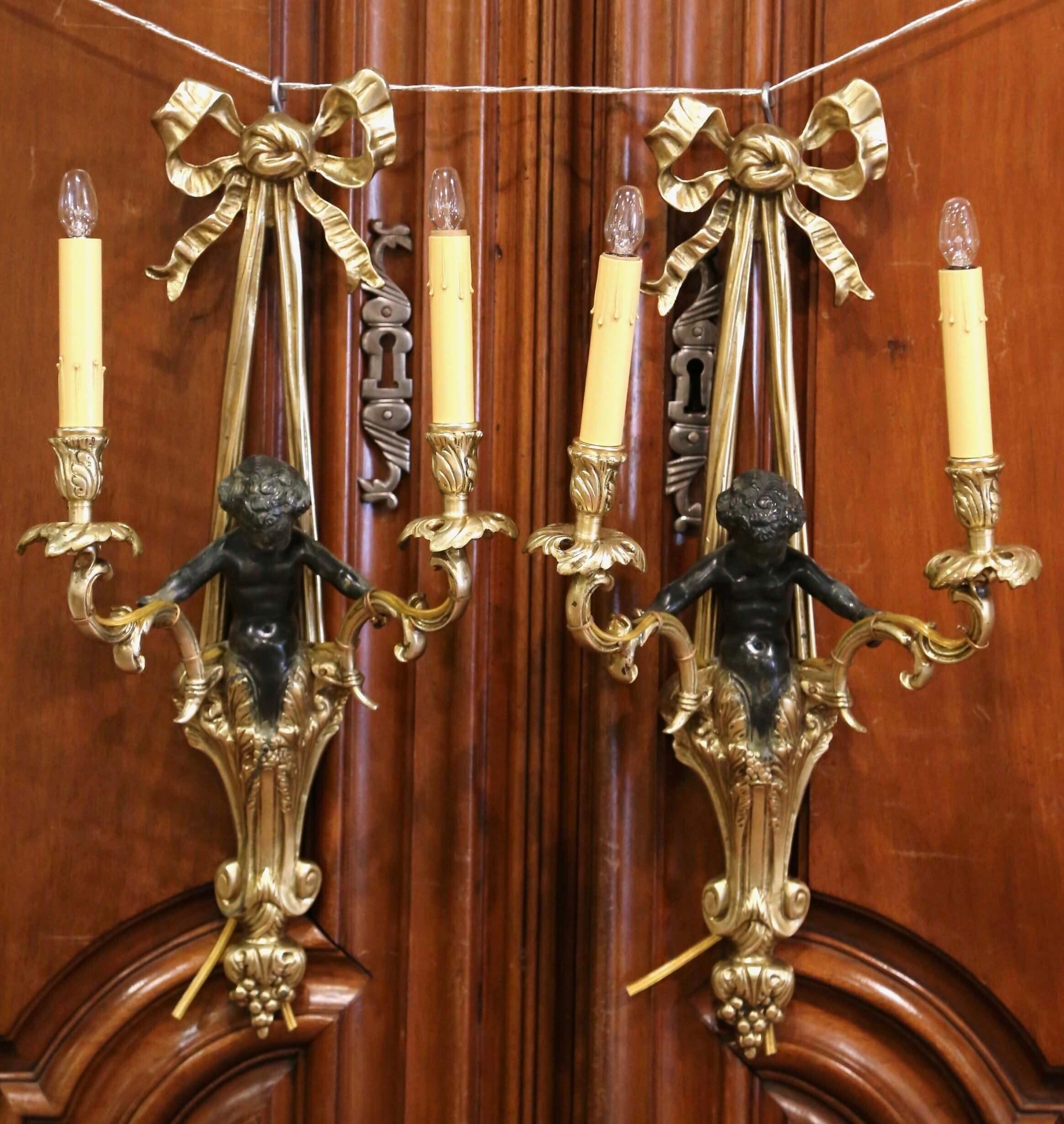 Pair of Mid-19th Century French Louis XVI Bronze Dore Wall Sconces with Cherubs 1